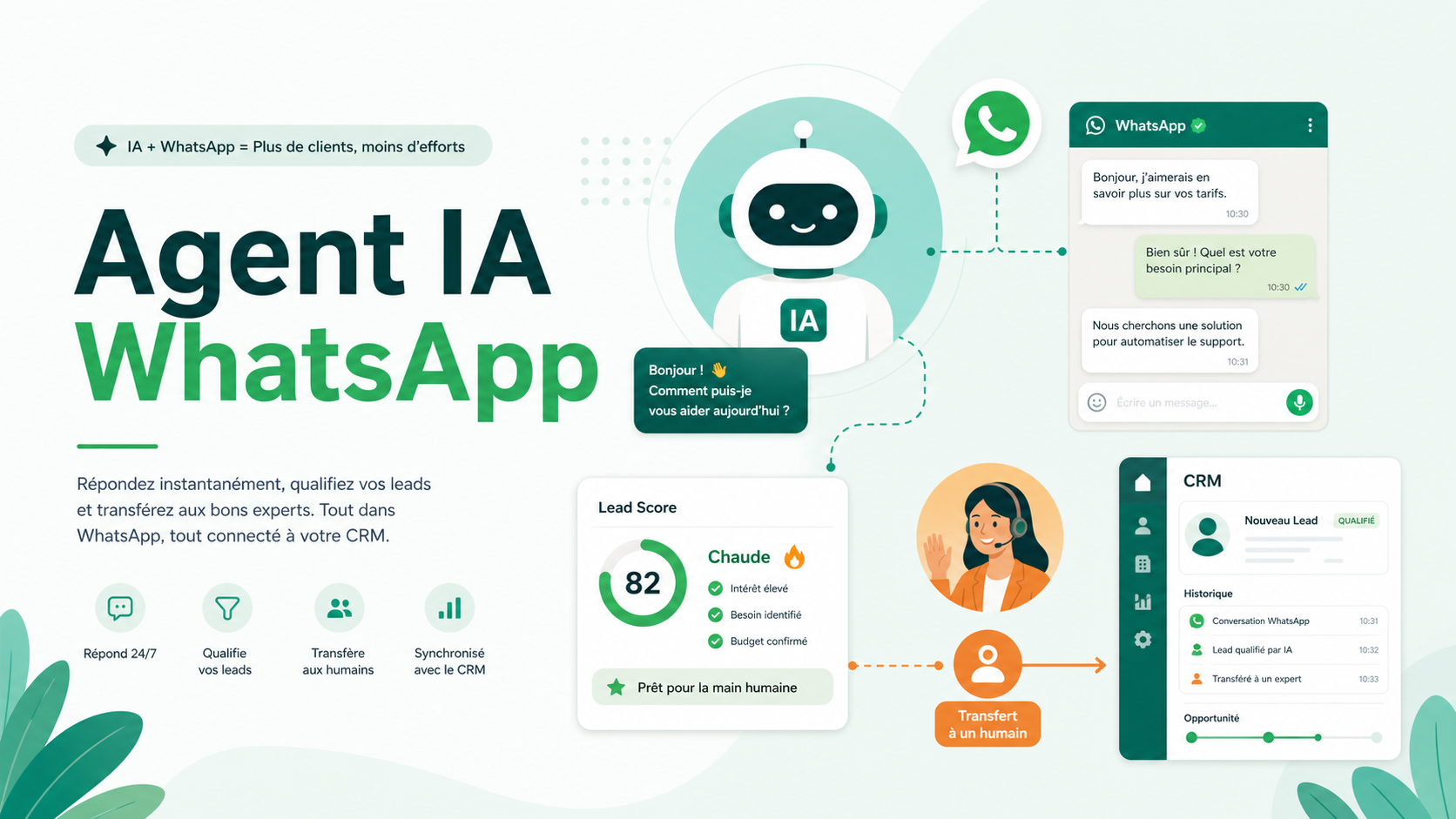 Illustration SaaS d’un agent IA WhatsApp qui qualifie des leads et transmet au CRM
