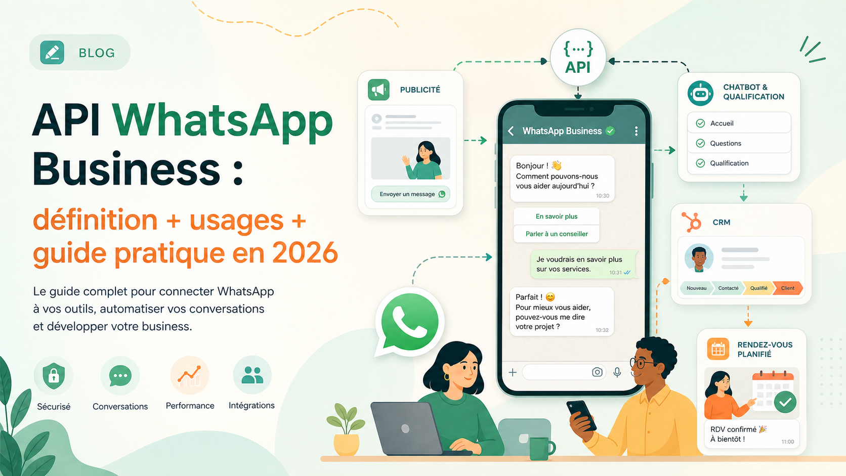 Illustration de l'API WhatsApp Business reliant publicites, qualification, CRM et rendez-vous