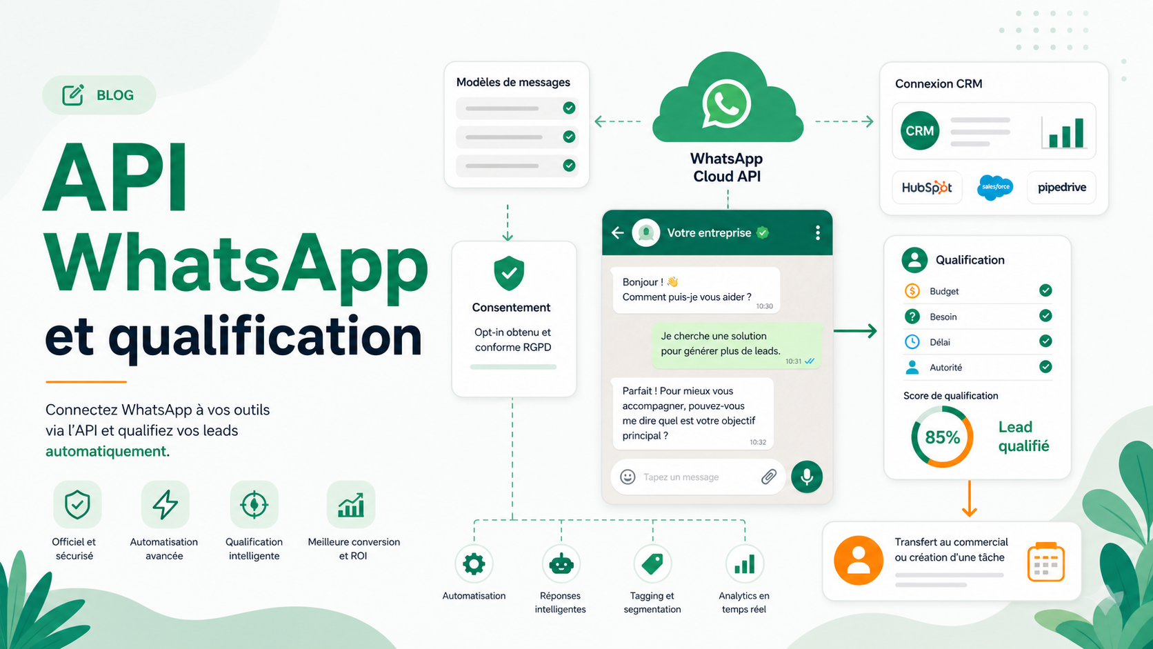 Illustration SaaS de l’API WhatsApp connectée au CRM pour qualifier des leads