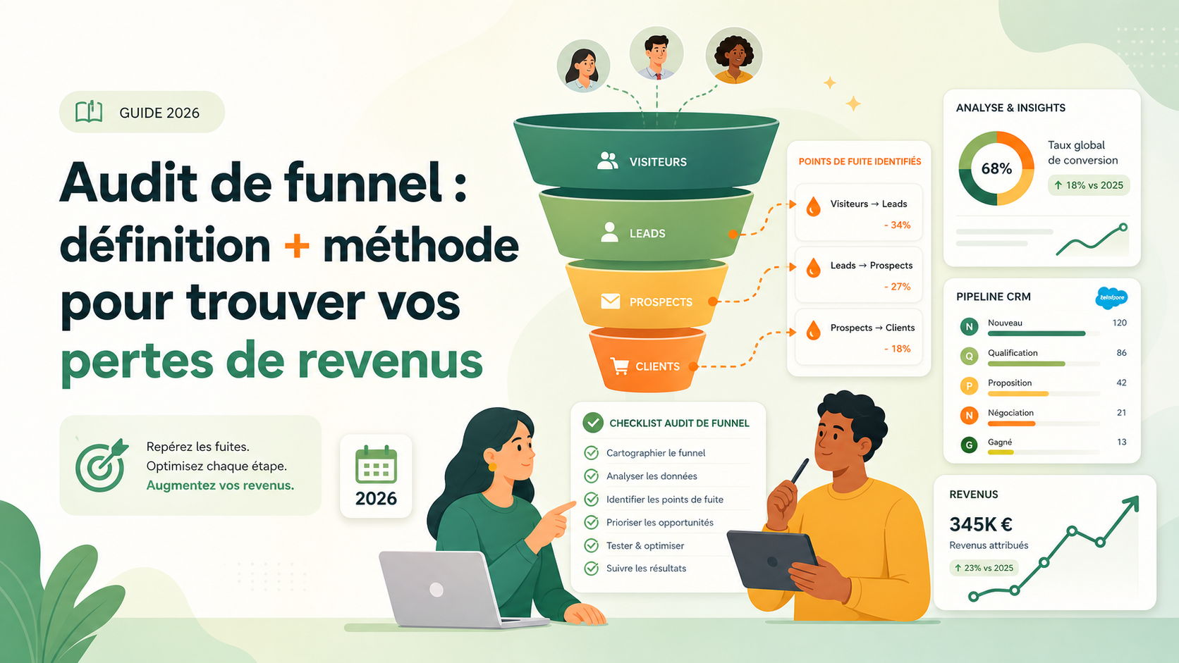 Illustration SaaS d'un audit de funnel avec dashboard, pipeline CRM et pertes de revenus