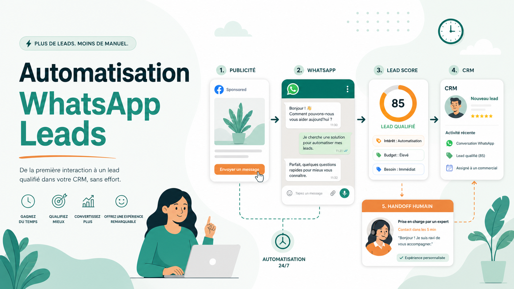 Illustration SaaS d’une automatisation WhatsApp pour qualifier et router des leads