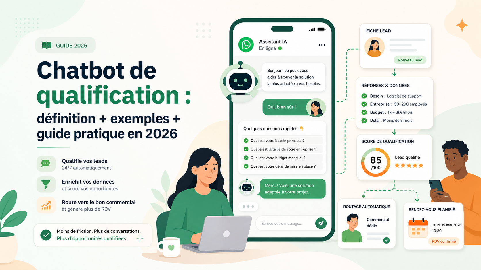 Illustration SaaS d'un chatbot qui qualifie un lead et l'envoie vers le bon rendez-vous