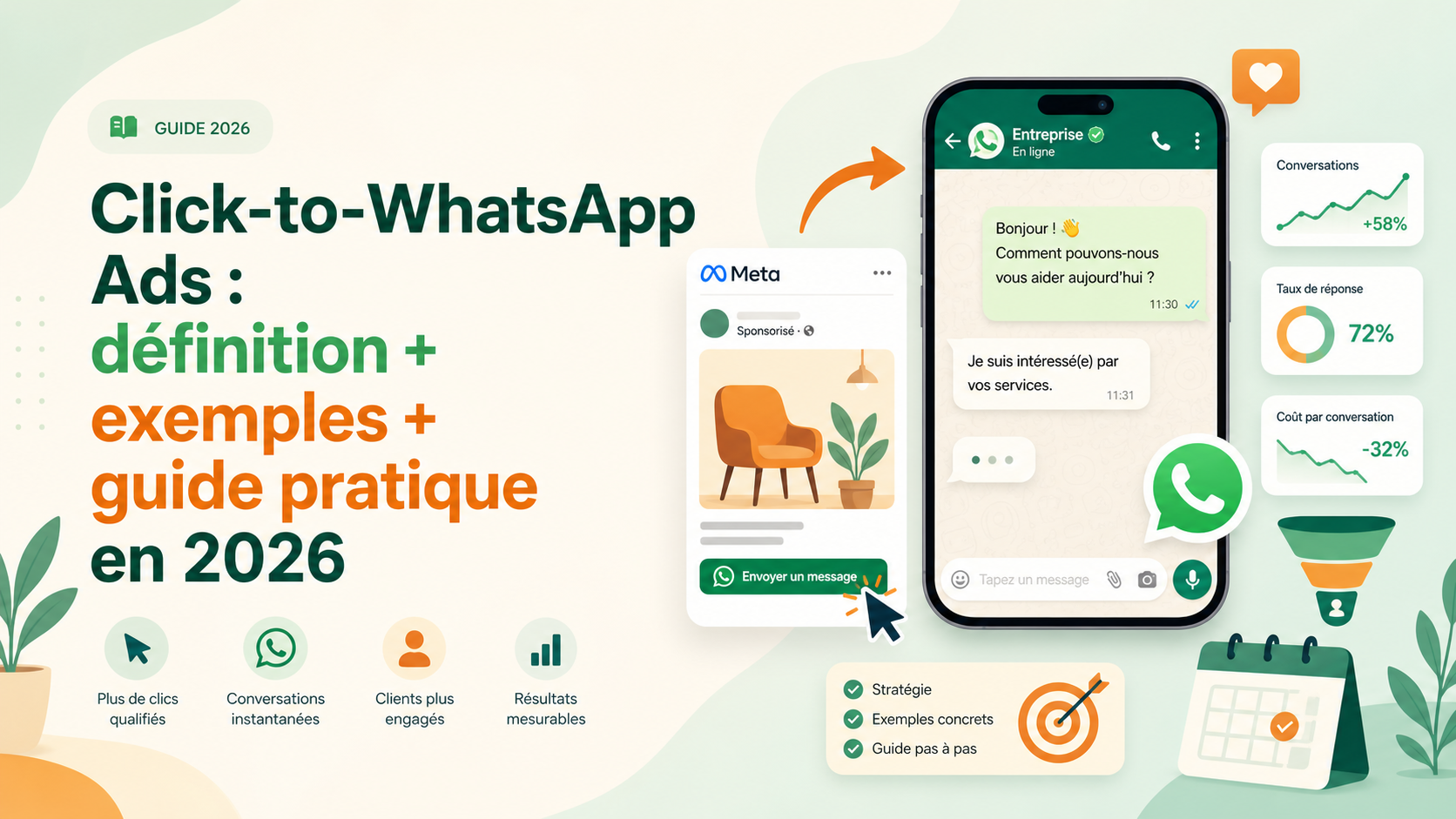 Illustration SaaS d'une annonce Meta qui ouvre une conversation WhatsApp qualifiante