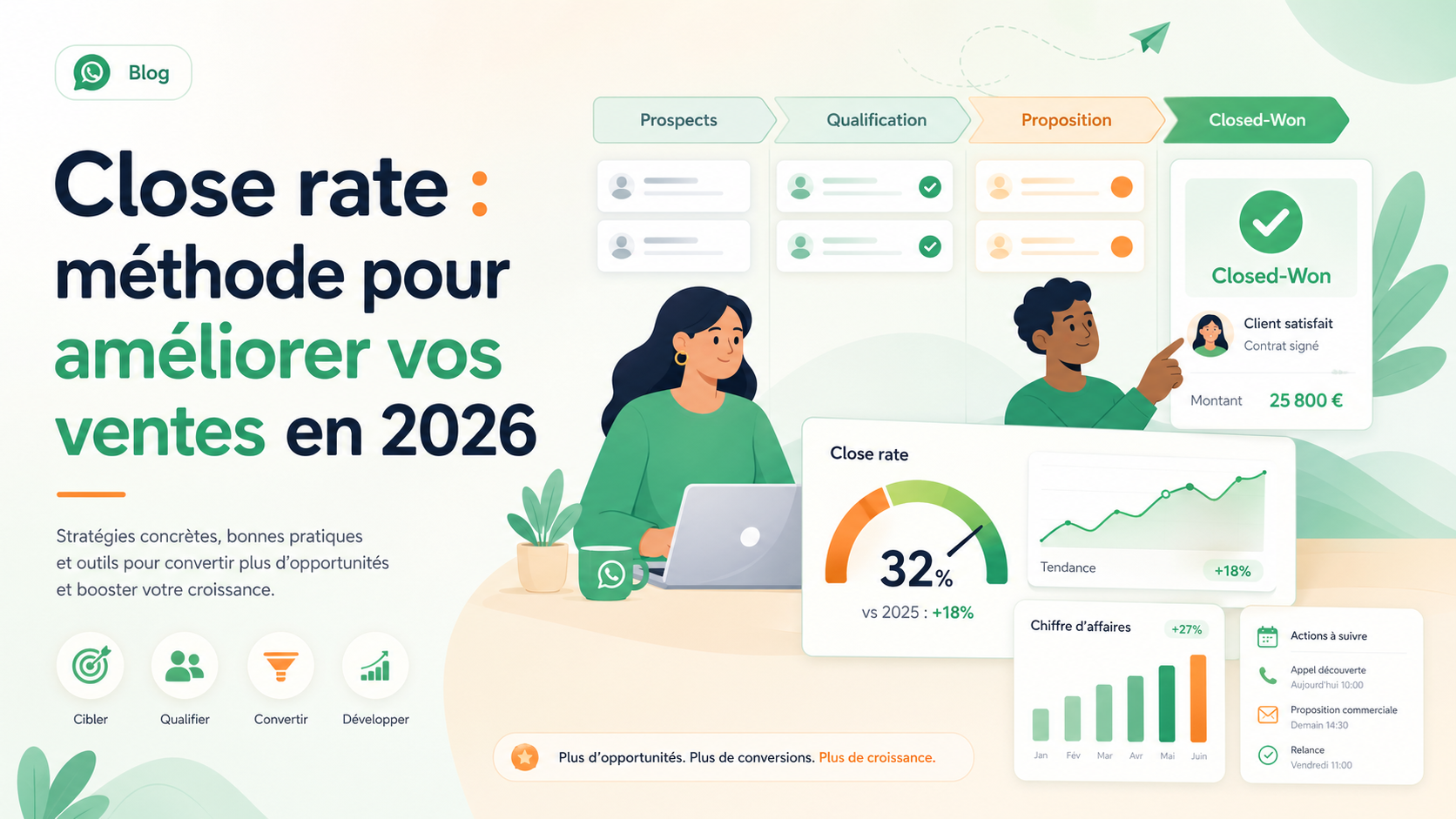 Illustration SaaS d'un tableau de bord de close rate et d'opportunites commerciales gagnees