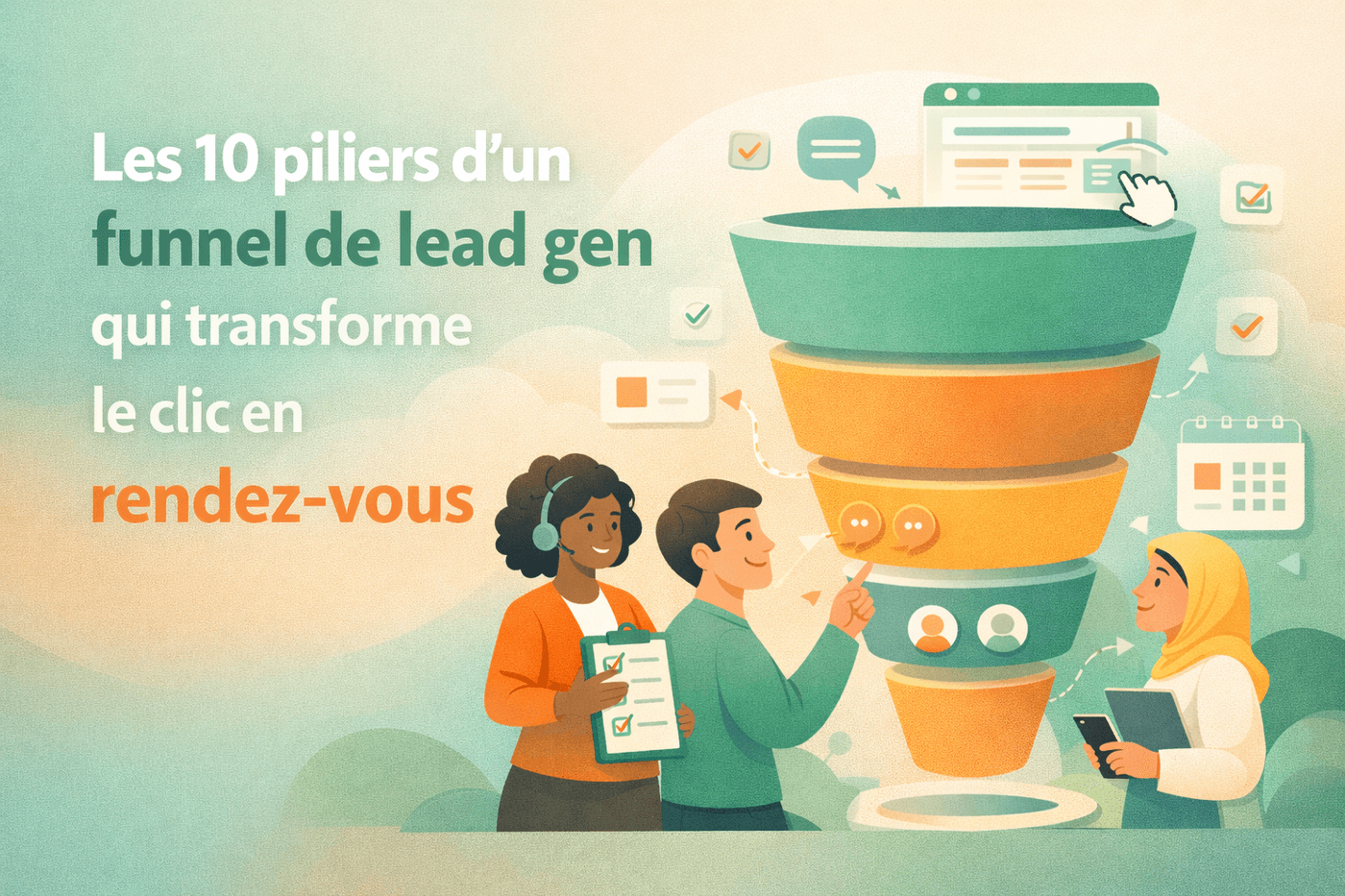 Illustration SaaS d'un funnel qui transforme des leads en rendez-vous qualifies