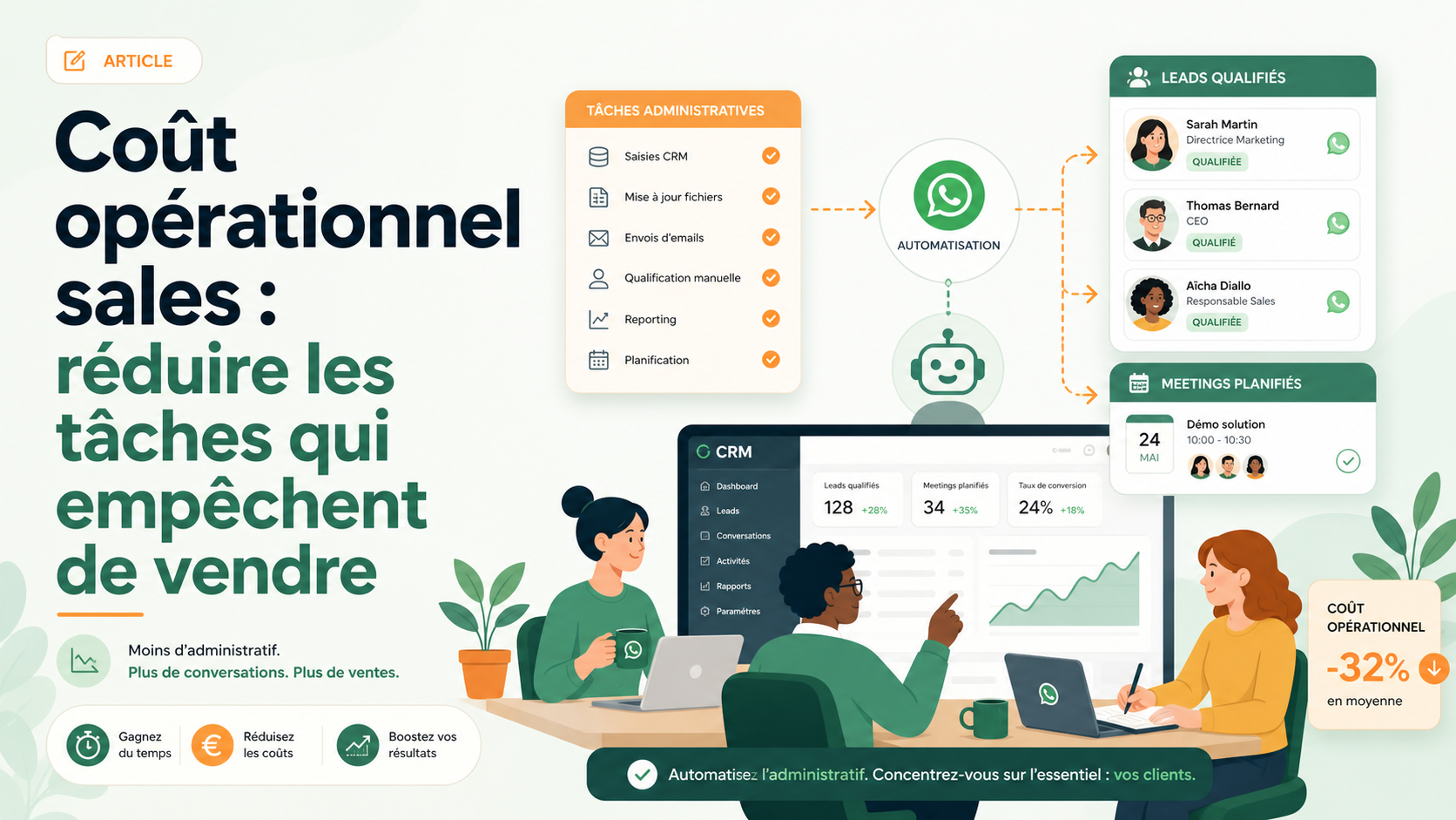 Illustration SaaS d'une equipe commerciale qui automatise les taches administratives pour vendre plus
