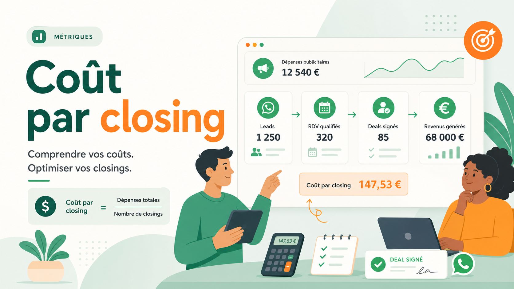 Illustration SaaS d'un dashboard qui relie budget Ads, rendez-vous qualifiés, deals signés et coût par closing