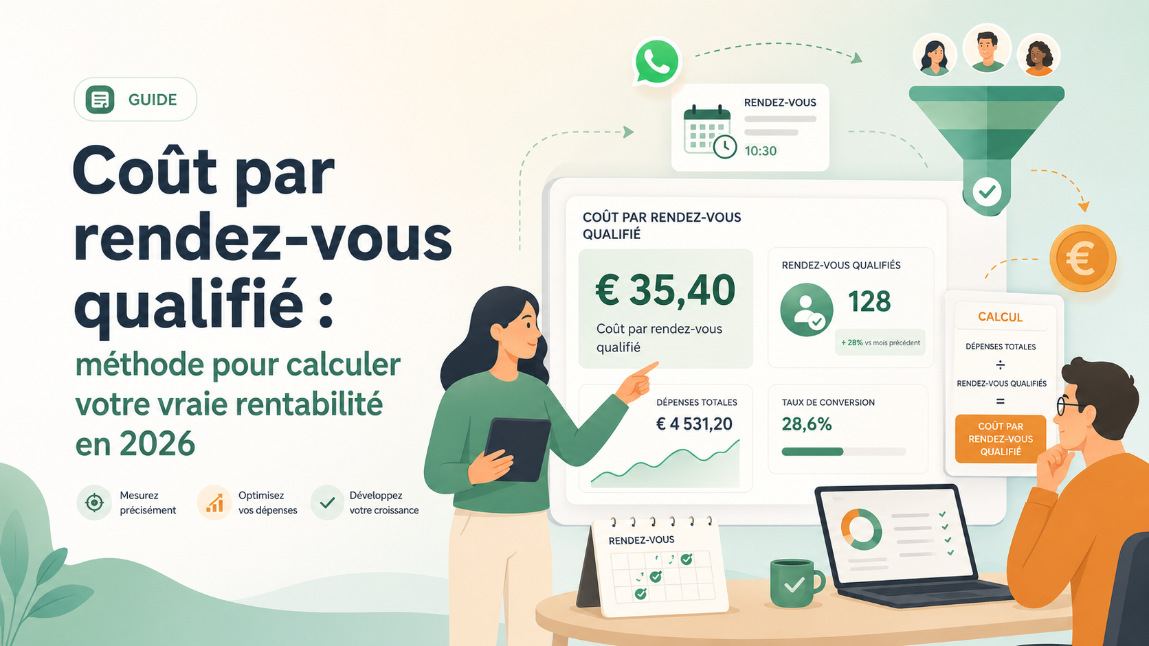 Illustration SaaS d'un dashboard calculant le coût par rendez-vous qualifié