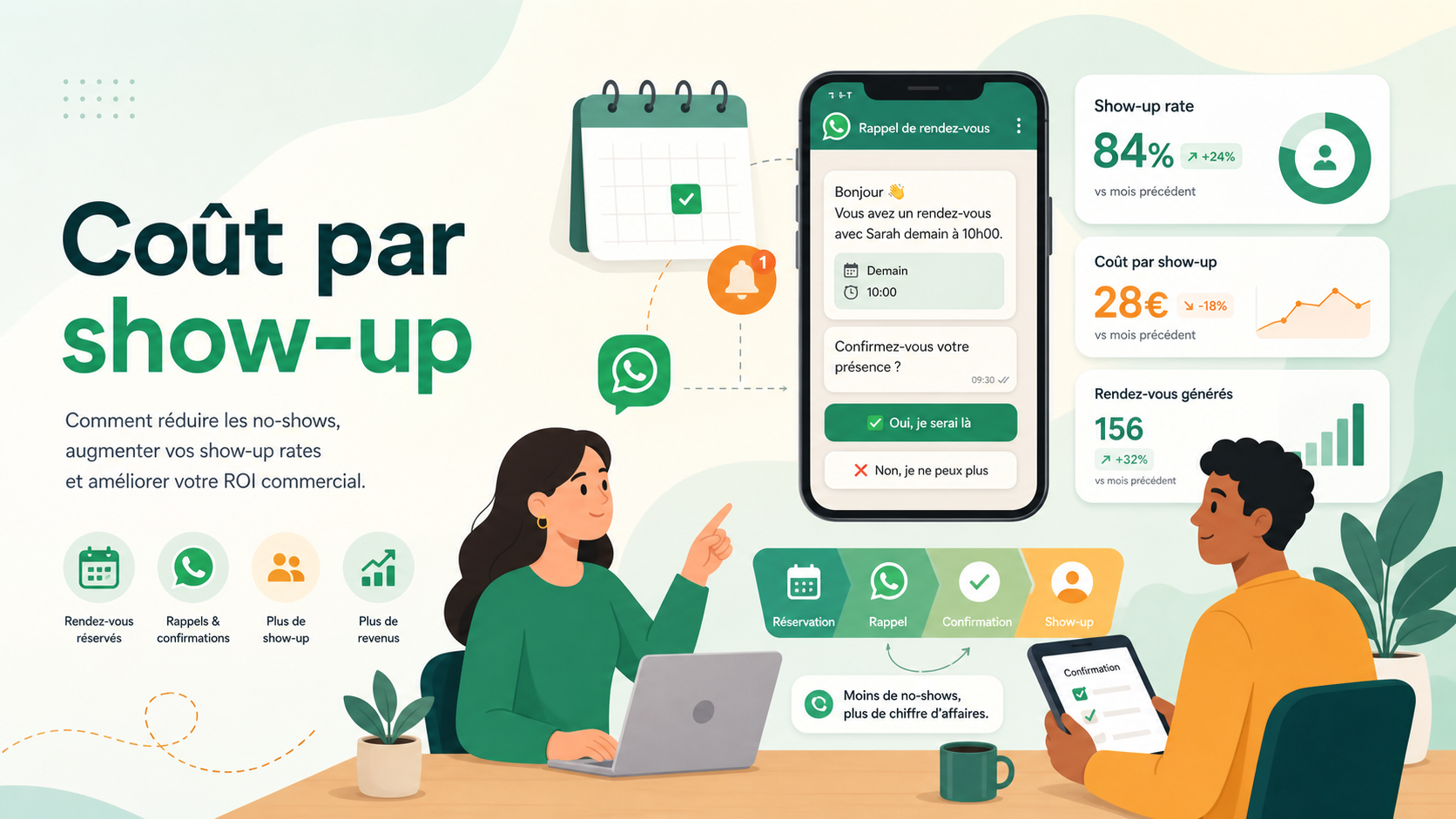 Illustration SaaS du coût par show-up avec calendrier, confirmation de rendez-vous et tableau de bord commercial