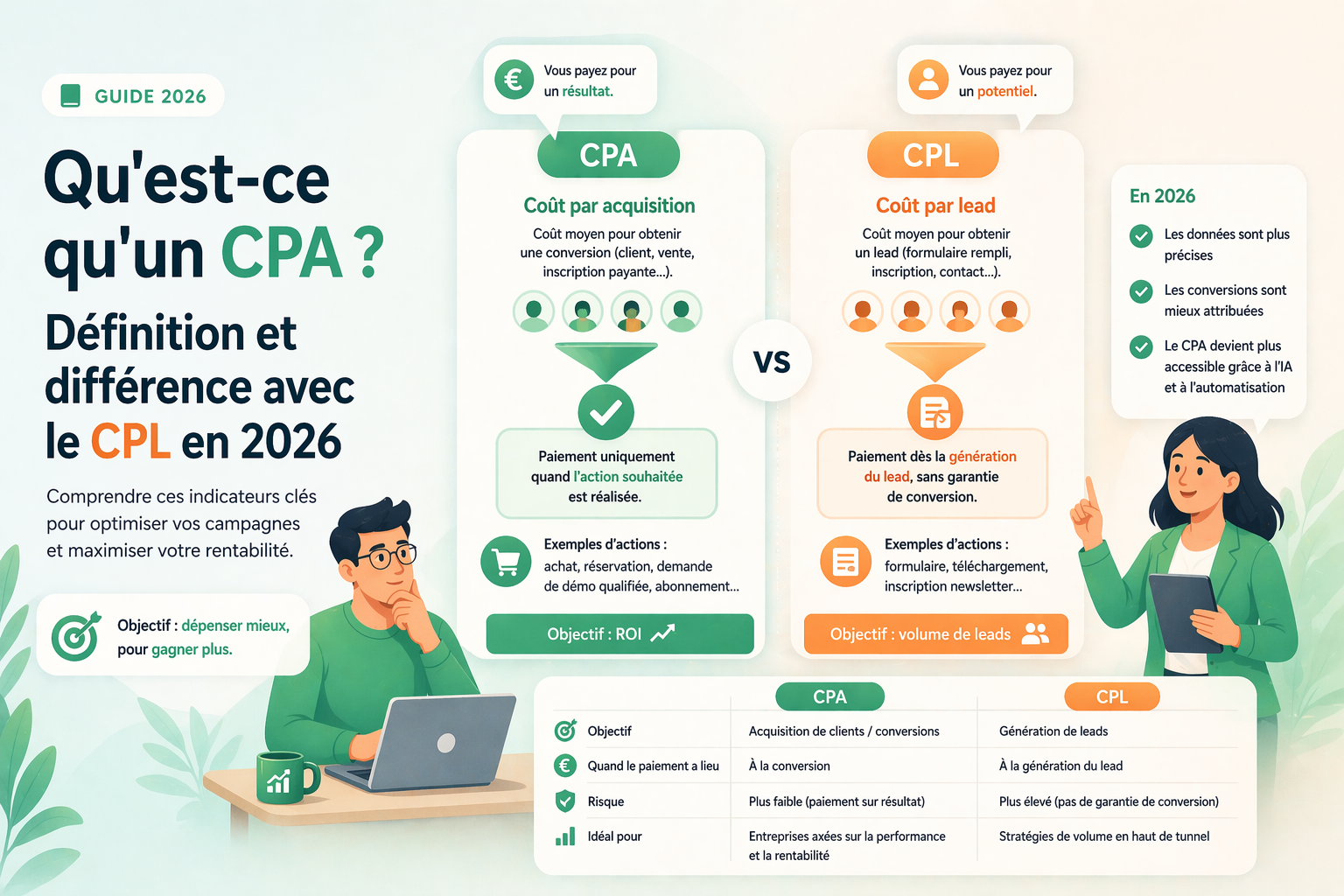 Indicateurs CPA et CPL comparés dans un tableau de performance marketing