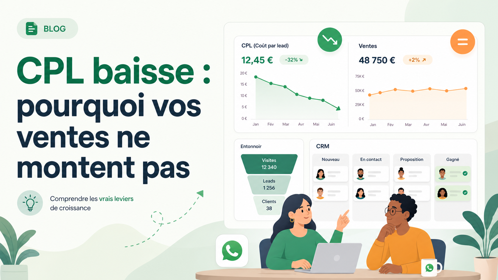 Illustration SaaS d'un CPL qui baisse pendant que les ventes restent stables