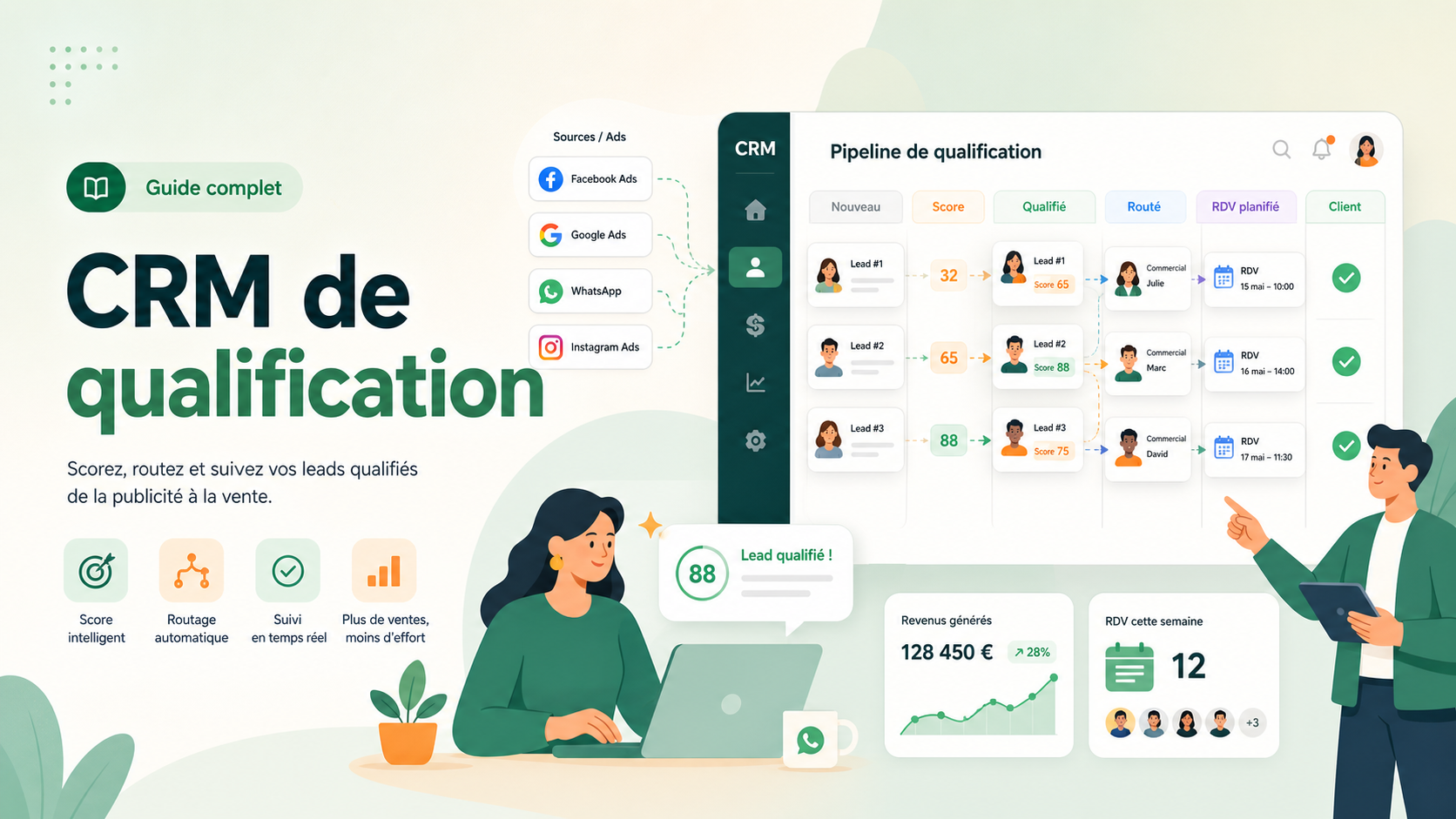 Illustration SaaS d'un CRM de qualification avec scoring, routage, pipeline et rendez-vous commerciaux
