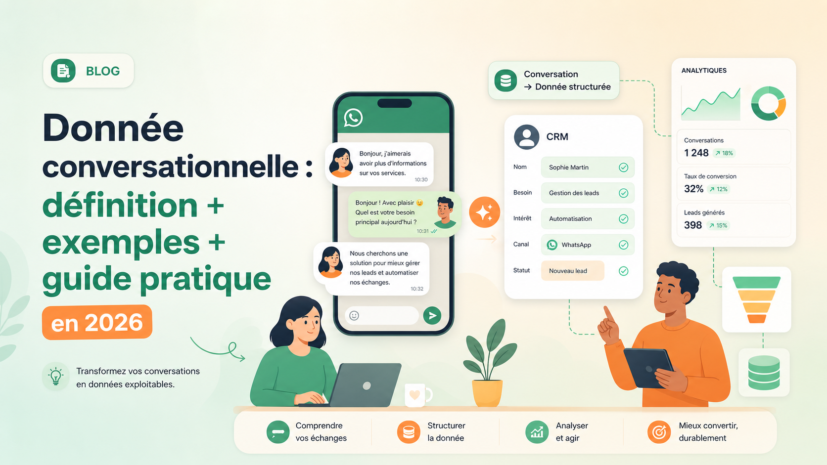 Illustration SaaS de conversations prospects transformees en donnees CRM exploitables