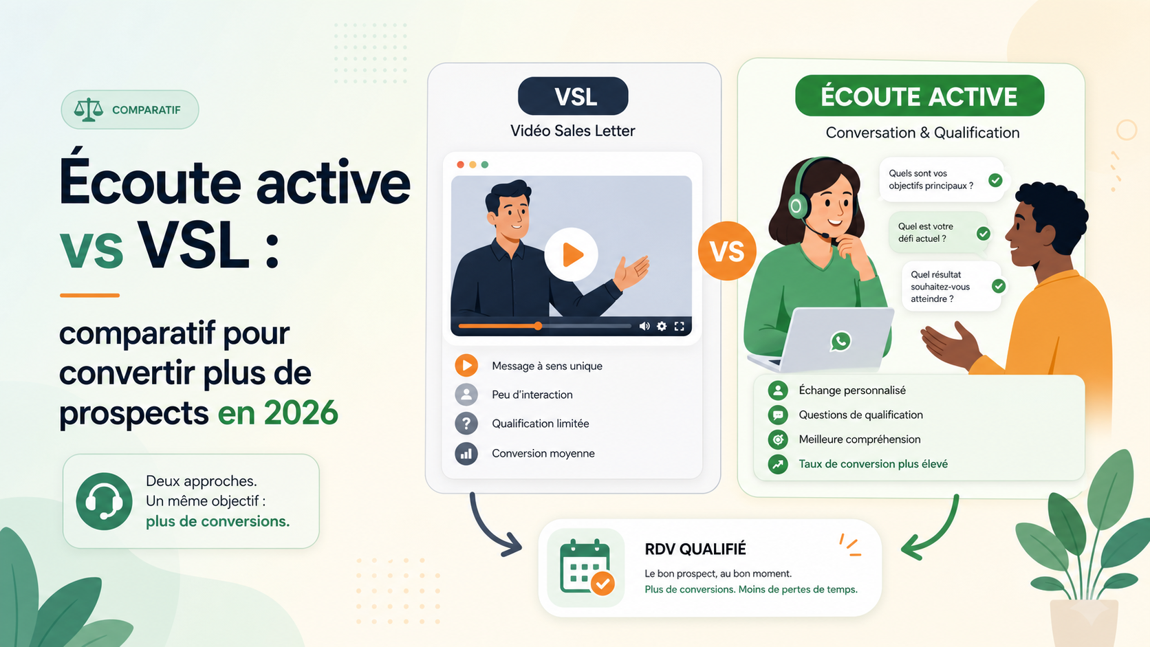 Illustration comparant une VSL et une conversation d'écoute active menant à un rendez-vous qualifié