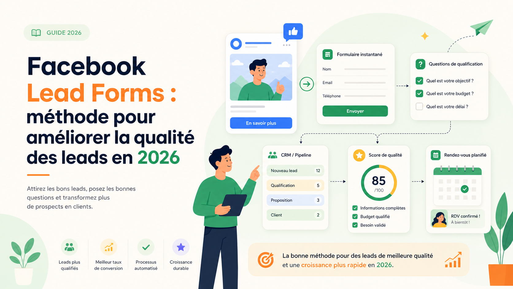 Illustration d'un formulaire Facebook Lead Forms relie a une qualification, un CRM et un rendez-vous commercial