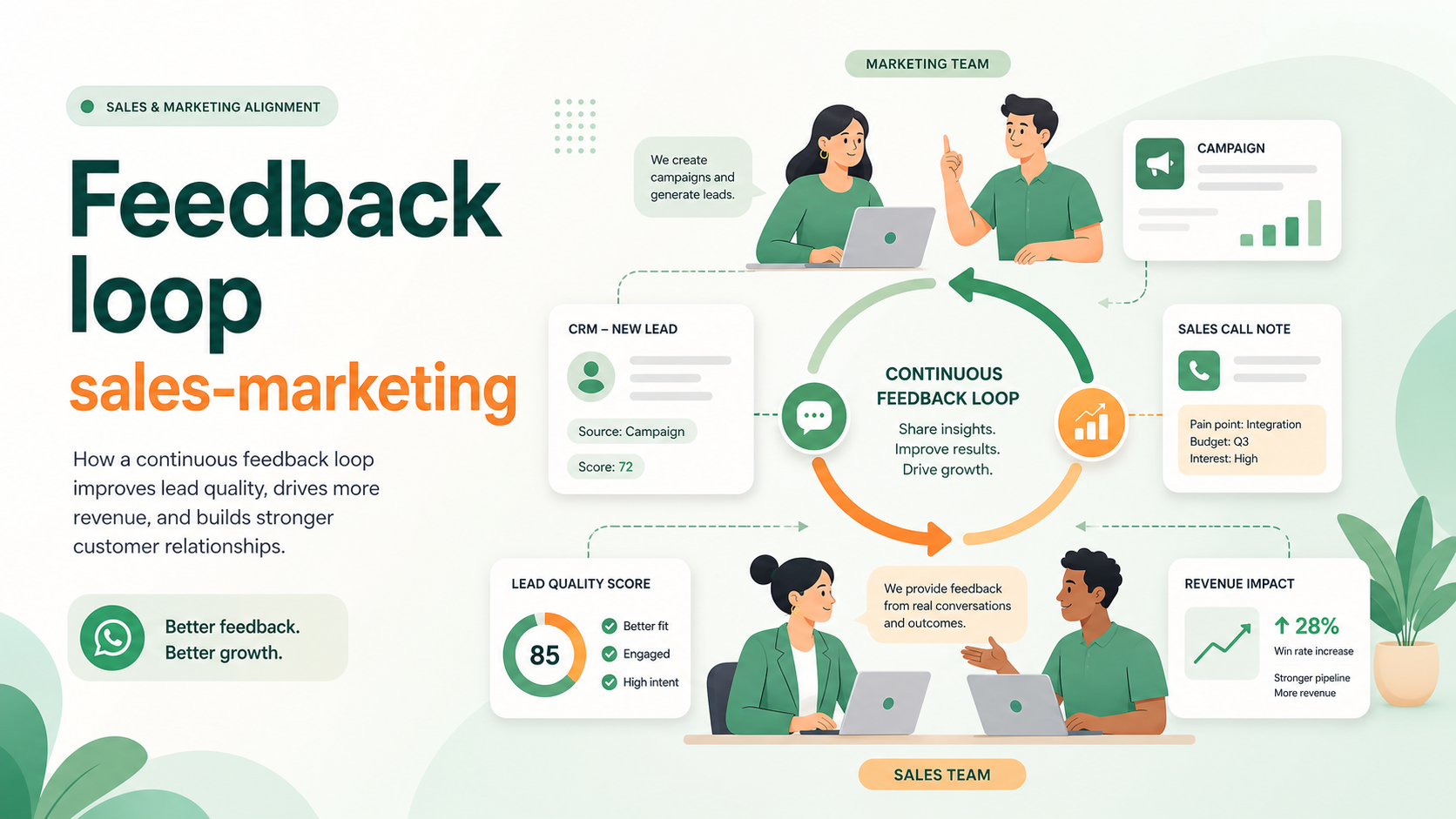 Illustration SaaS d'une boucle de feedback entre marketing, sales, CRM et revenus