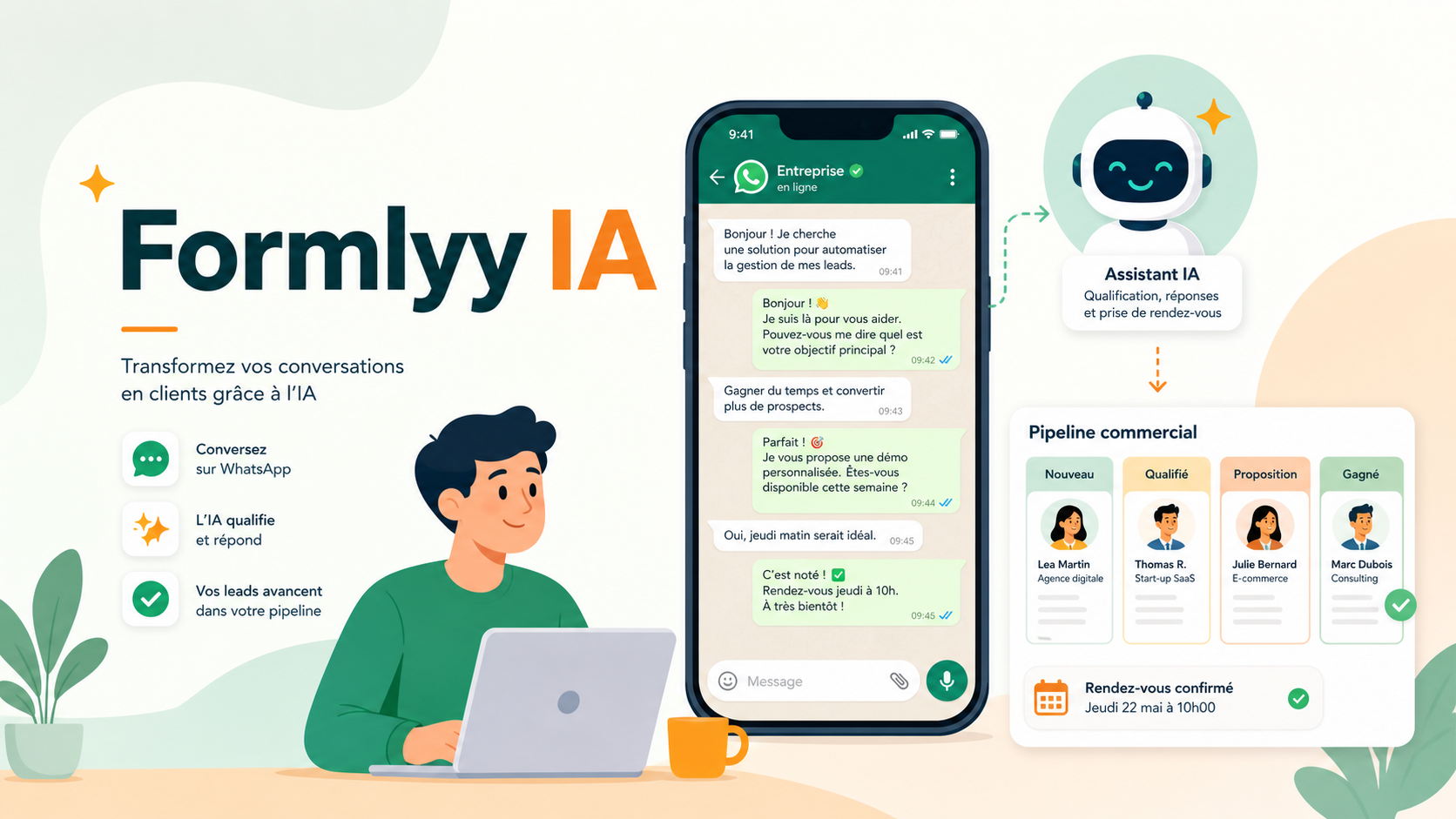 Illustration SaaS Formlyy IA avec conversation WhatsApp, qualification de leads et rendez-vous commercial