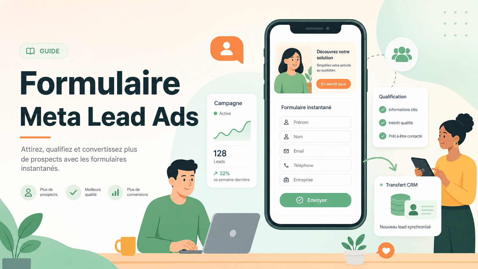 Illustration SaaS d'un formulaire Meta Lead Ads avec qualification, prospect mobile et synchronisation CRM