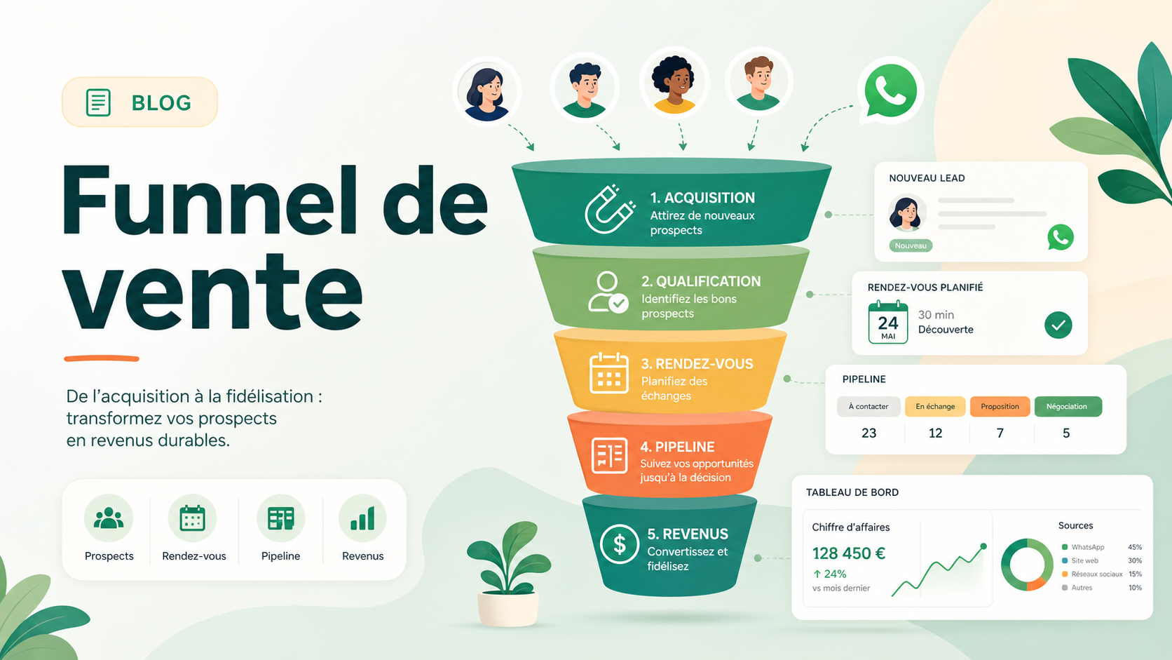 Illustration SaaS d'un funnel de vente reliant acquisition, qualification, rendez-vous et revenu