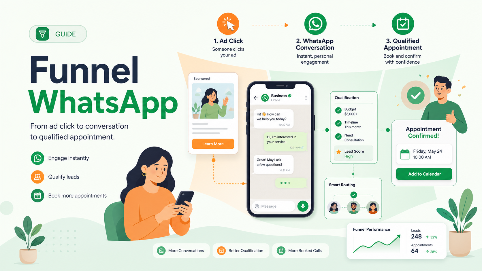 Illustration SaaS d'un funnel WhatsApp reliant publicité, conversation, qualification et rendez-vous qualifié