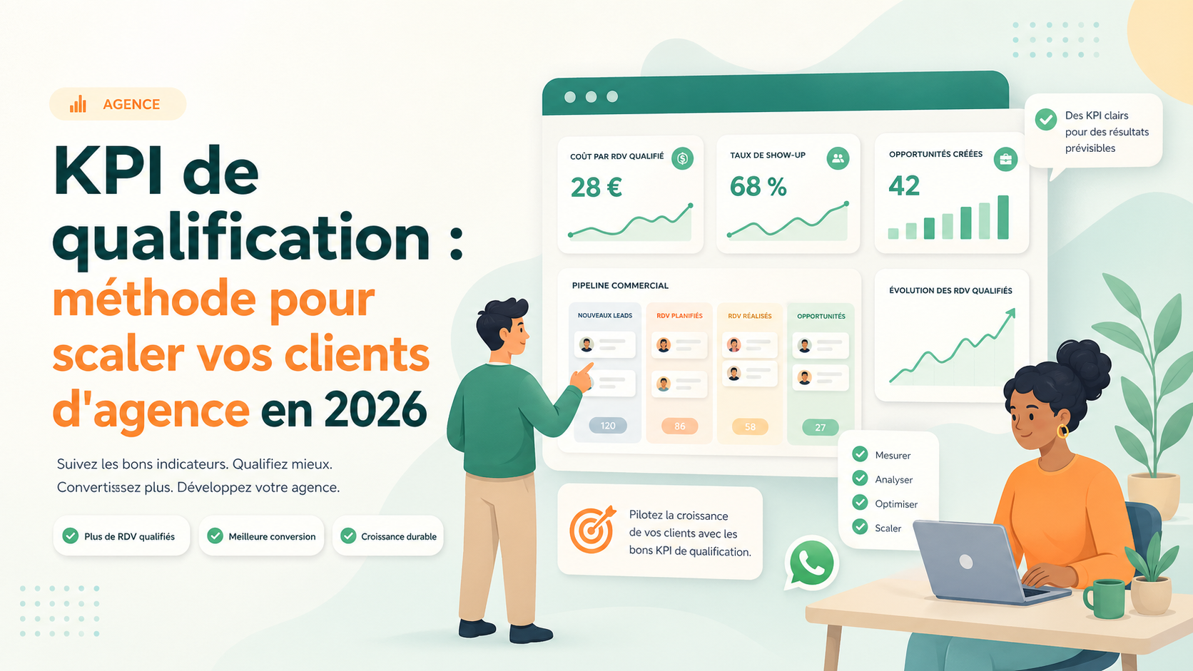 Illustration SaaS d'un tableau de bord de KPI de qualification pour agence