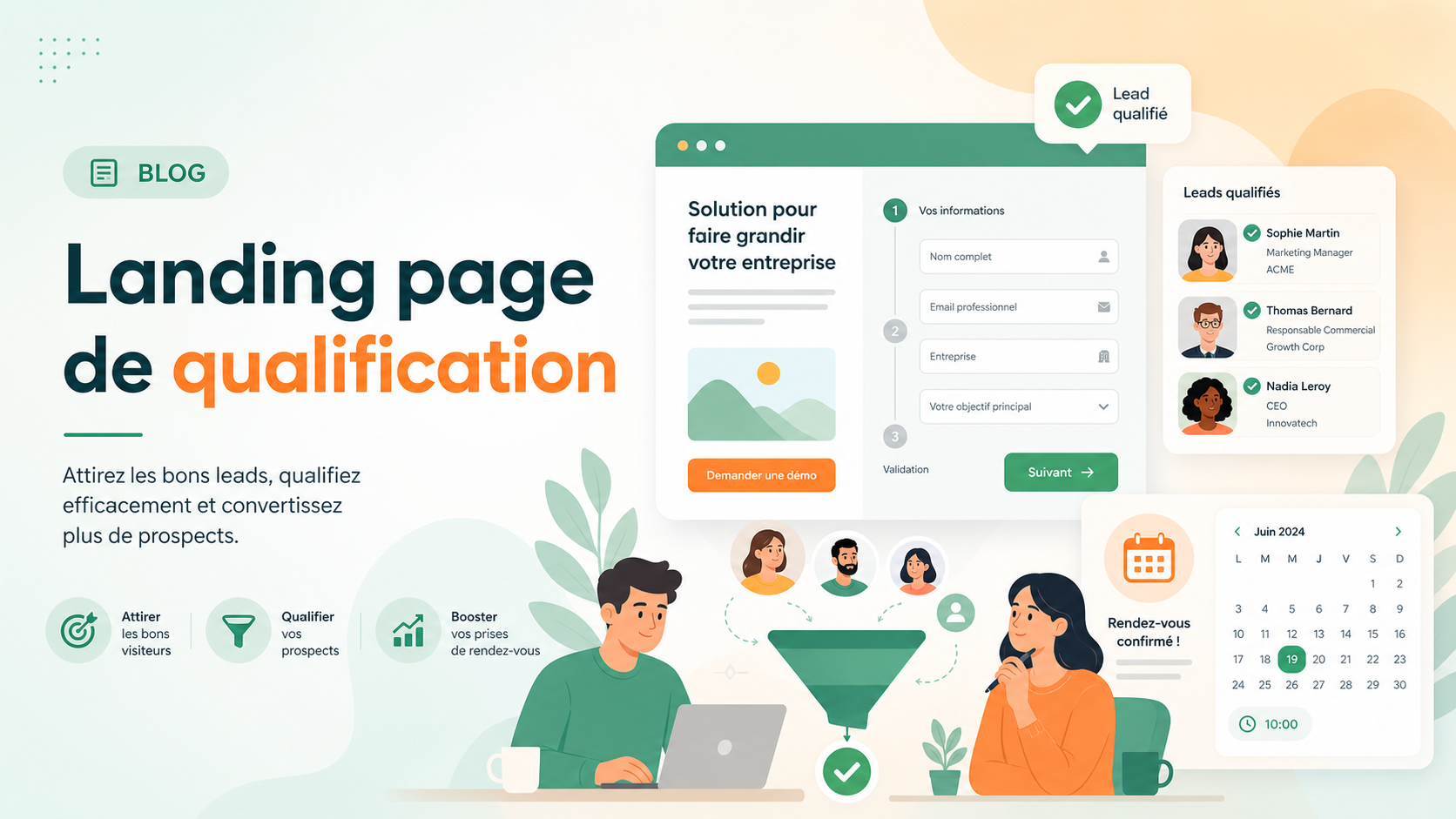 Illustration SaaS d'une landing page de qualification avec formulaire, leads qualifiés et prise de rendez-vous