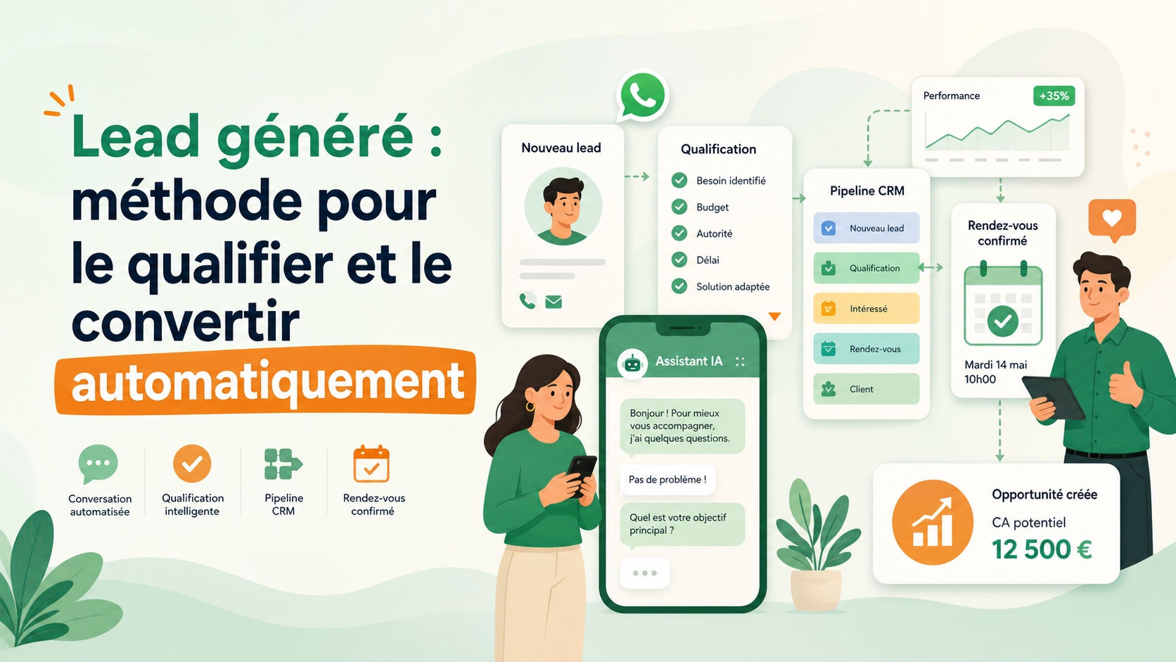 Illustration SaaS d'un lead genere transforme en rendez-vous qualifie par qualification automatique