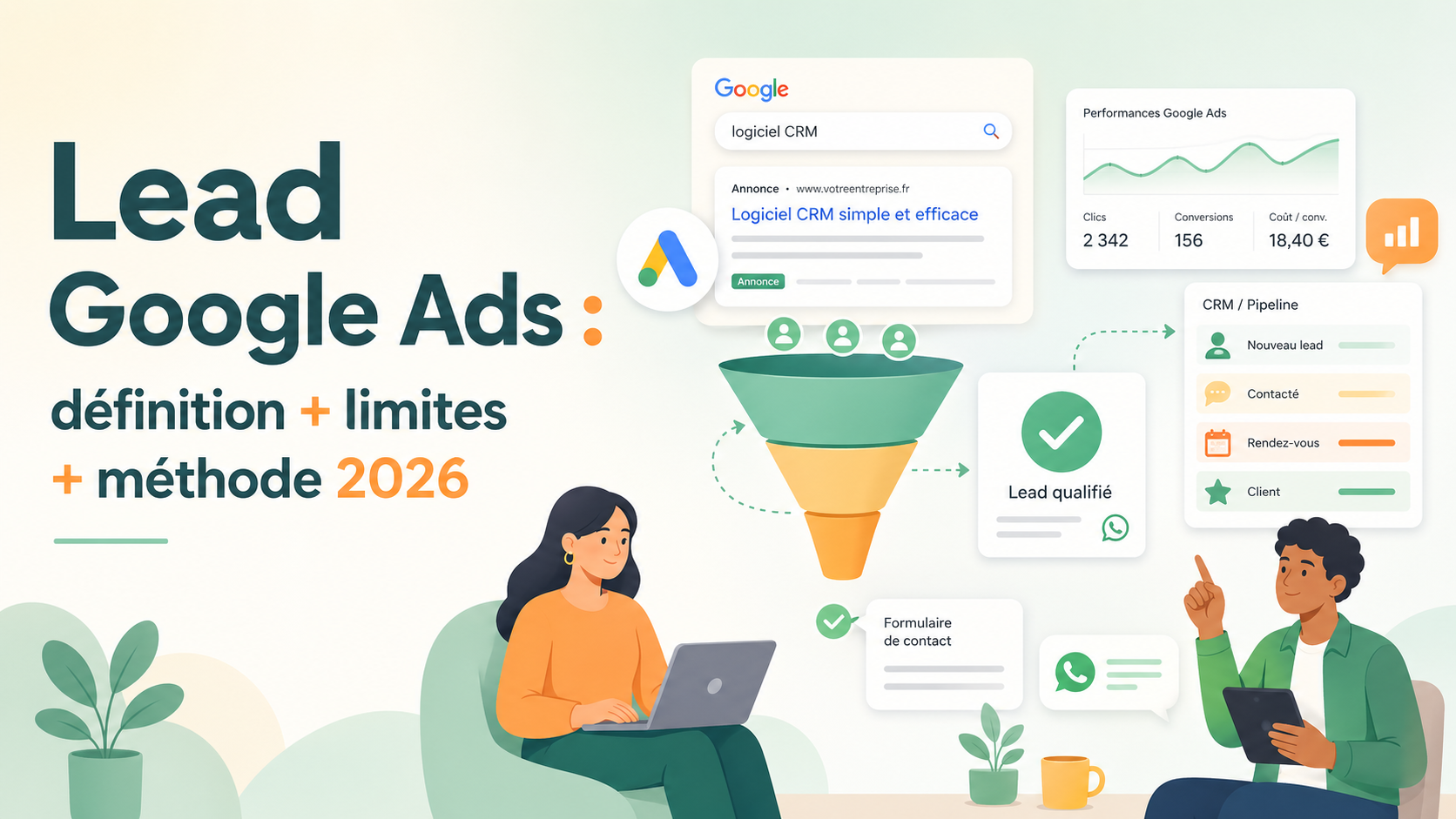 Illustration SaaS d'un lead Google Ads transformé en opportunité commerciale qualifiée