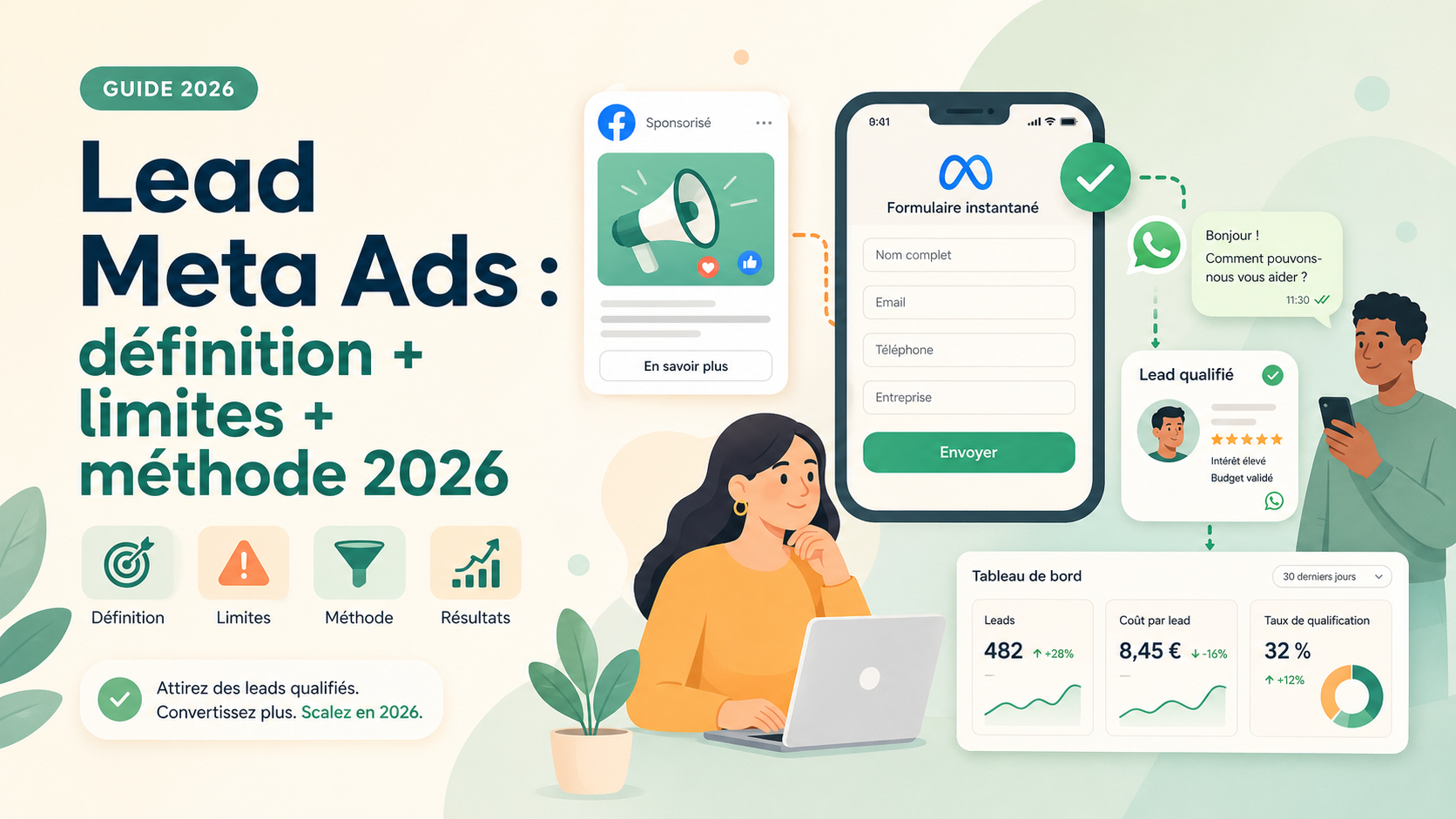 Illustration SaaS d'un lead Meta Ads qualifié depuis un formulaire mobile