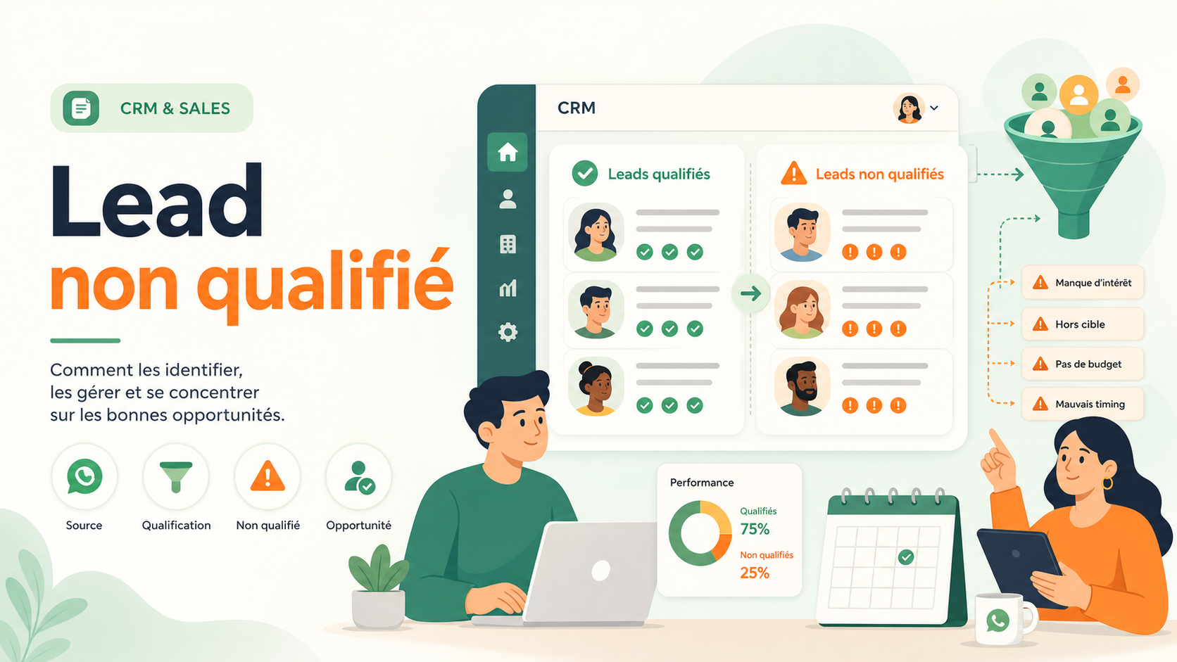 Illustration SaaS montrant la séparation entre leads qualifiés et leads non qualifiés dans un CRM