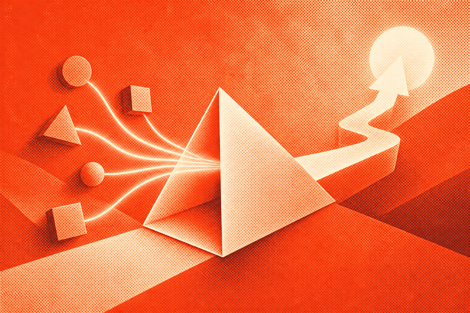 Illustration abstraite d’un media buyer reliant les signaux publicitaires aux ventes clients avec WhatsApp