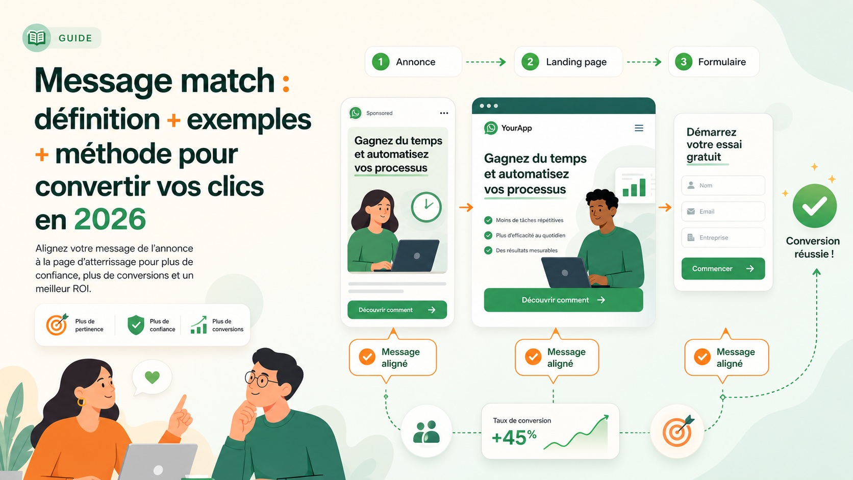 Illustration SaaS du message match entre annonce, landing page, formulaire et conversion