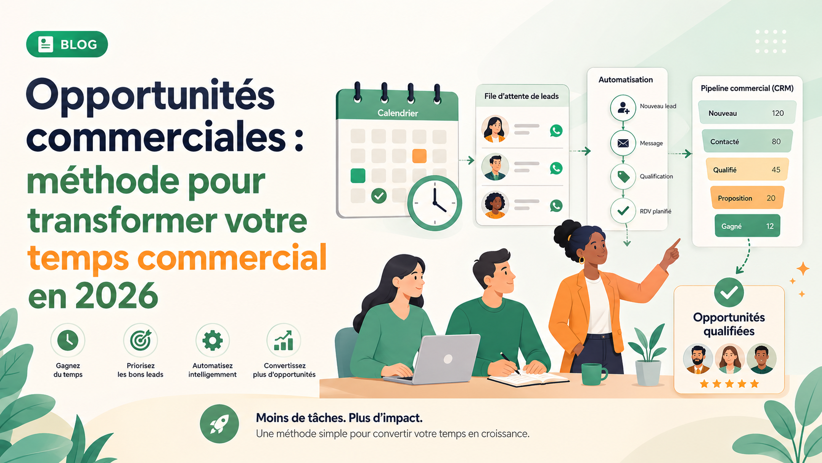 Illustration SaaS montrant une équipe commerciale transformant son temps en opportunités qualifiées via CRM, calendrier et automatisation