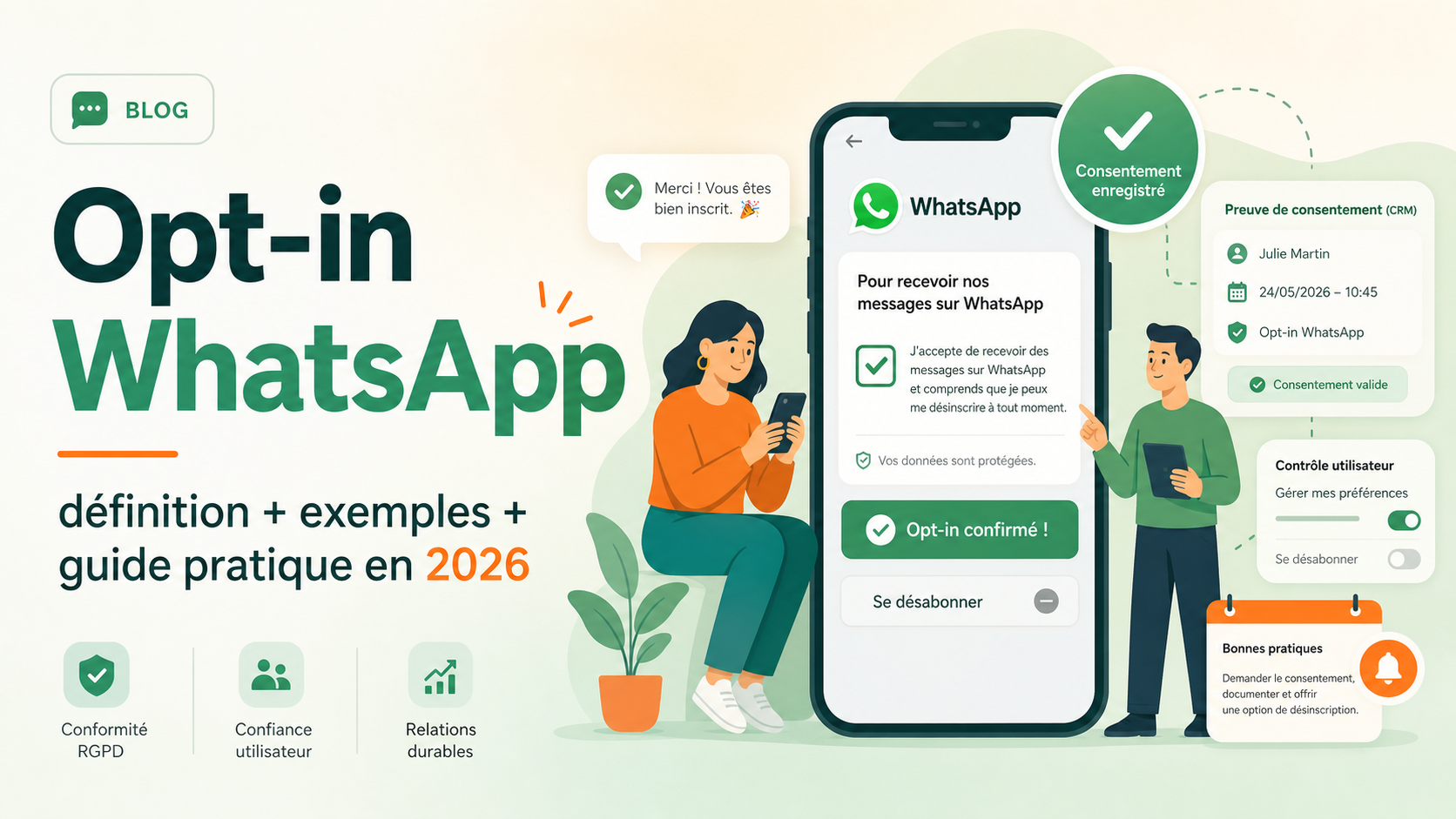 Illustration SaaS d'un consentement opt-in WhatsApp relie a un CRM