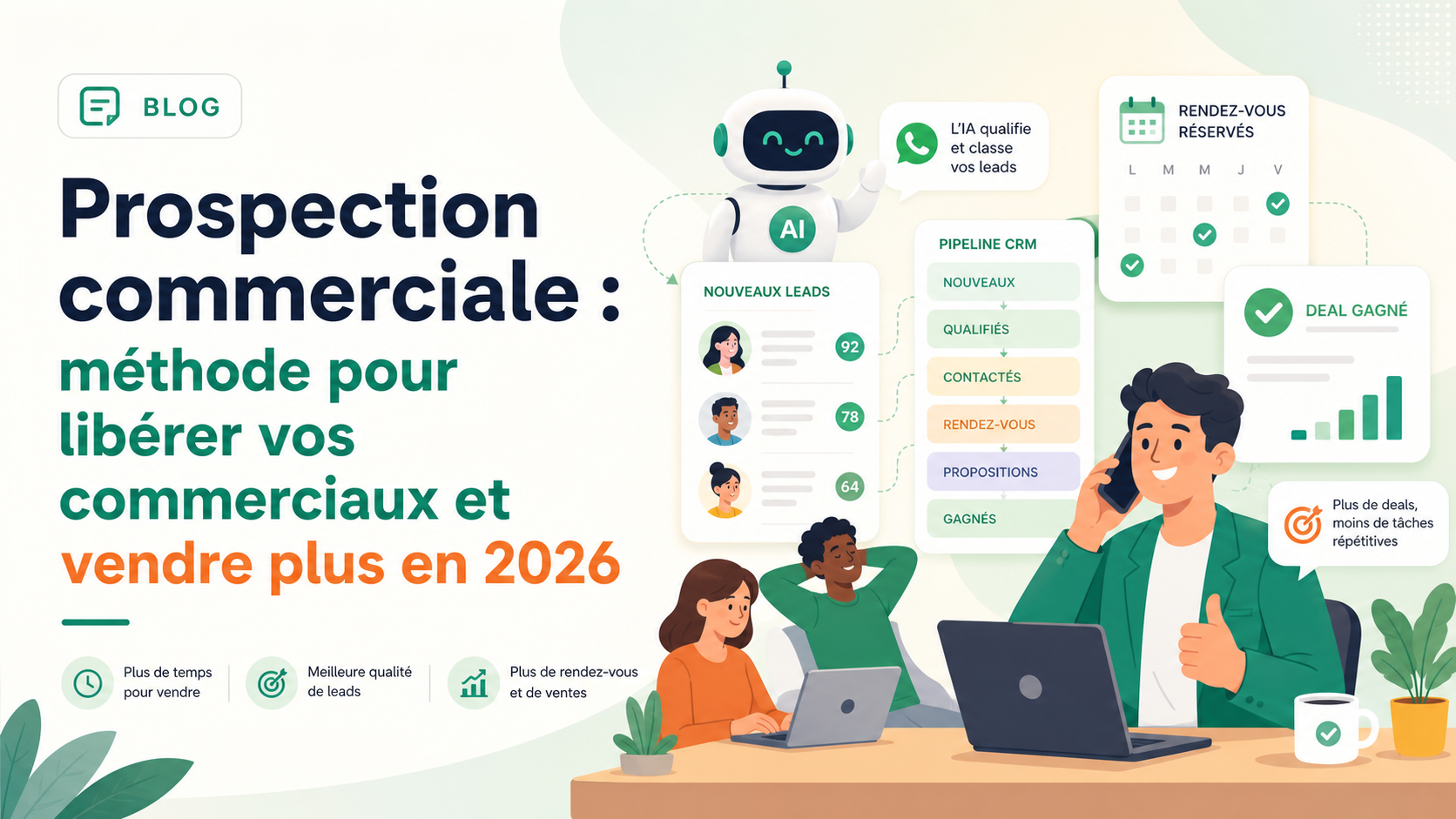 Illustration SaaS d'une equipe commerciale liberee des taches repetitives par un assistant IA