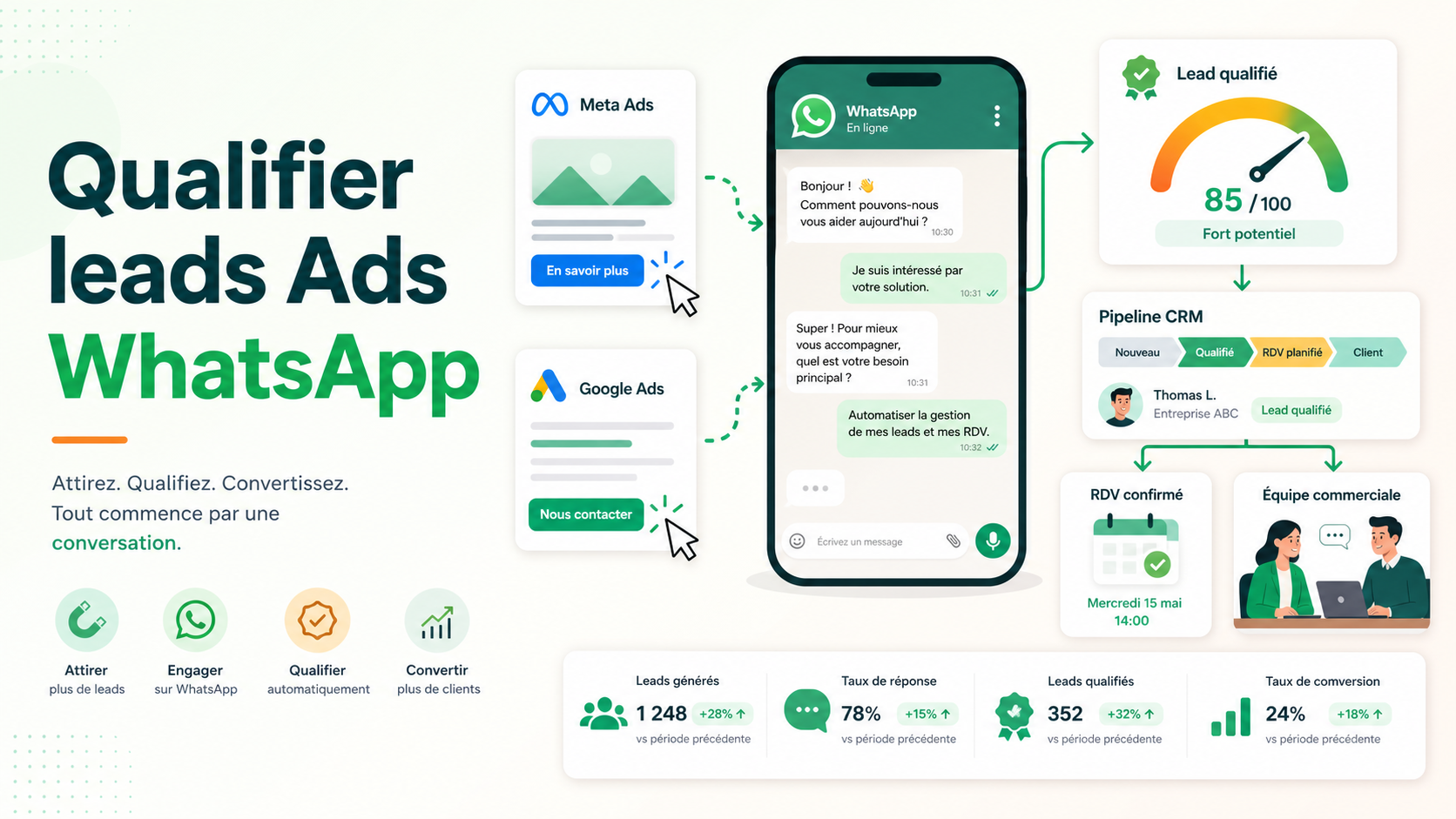 Illustration SaaS de leads Meta Ads et Google Ads qualifiés sur WhatsApp