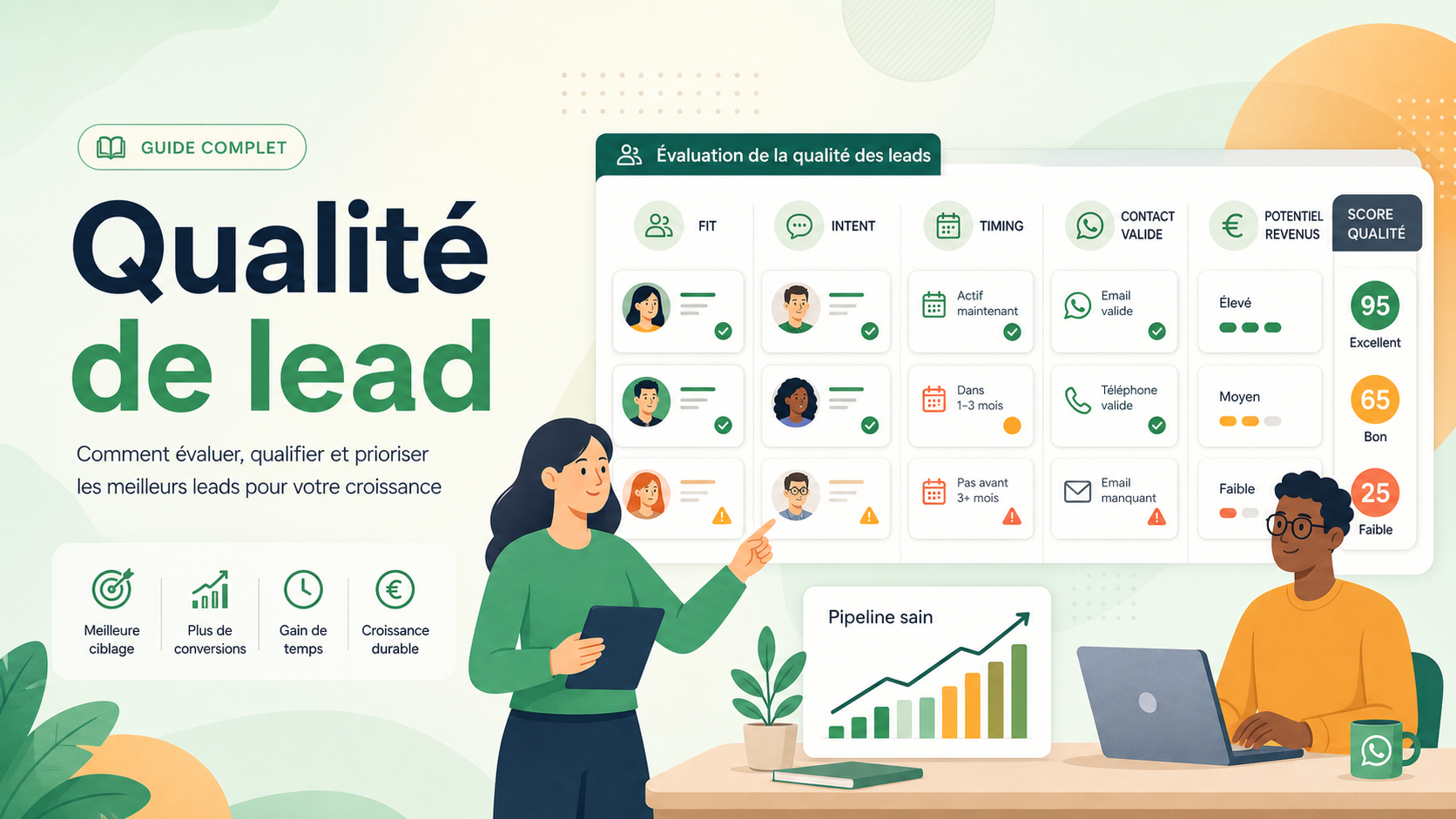 Illustration SaaS d'un tableau de bord qui classe les leads par qualité, intention et potentiel commercial