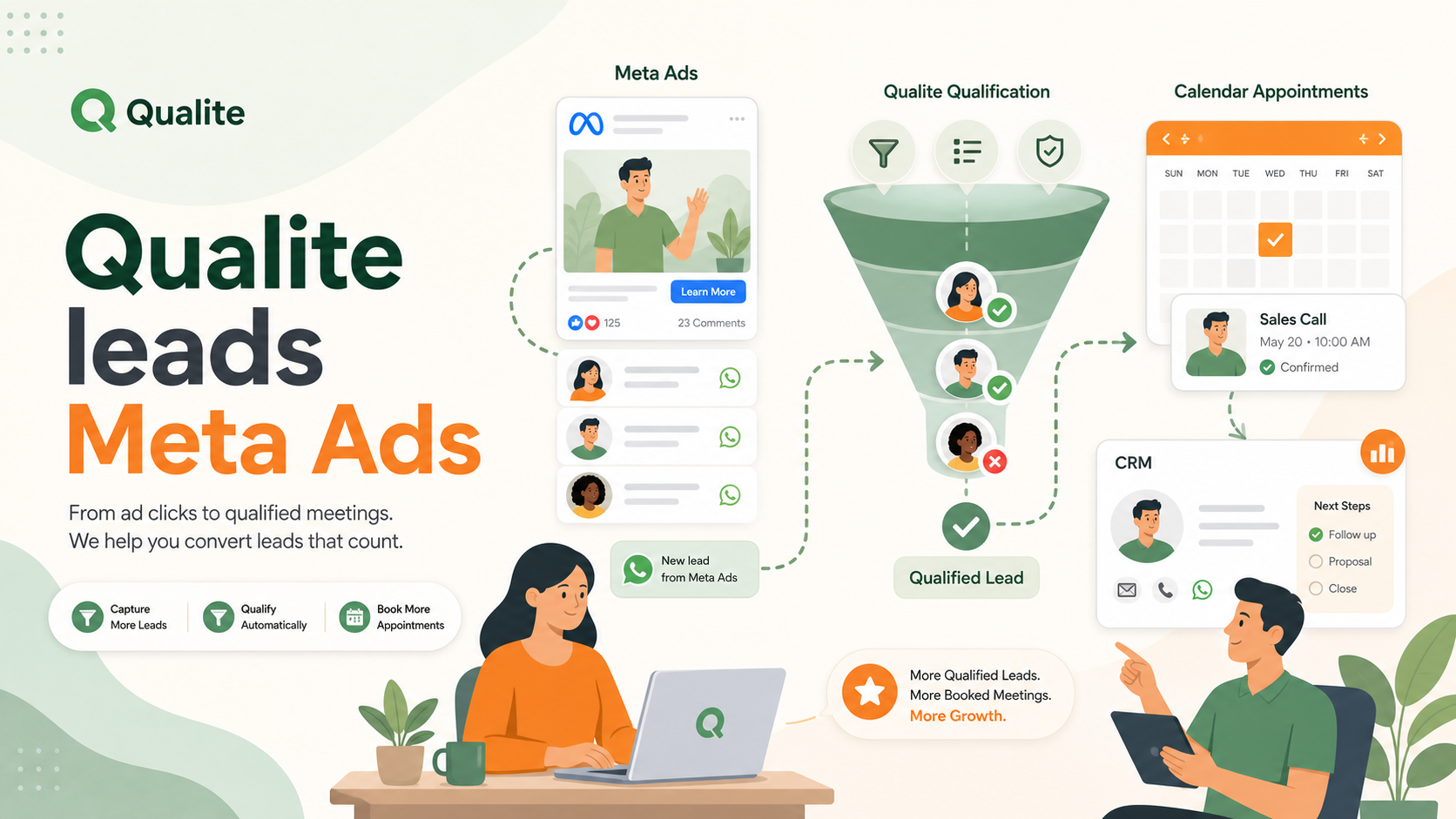 Illustration d'un funnel Meta Ads qui filtre les leads et transforme les meilleurs prospects en rendez-vous qualifies