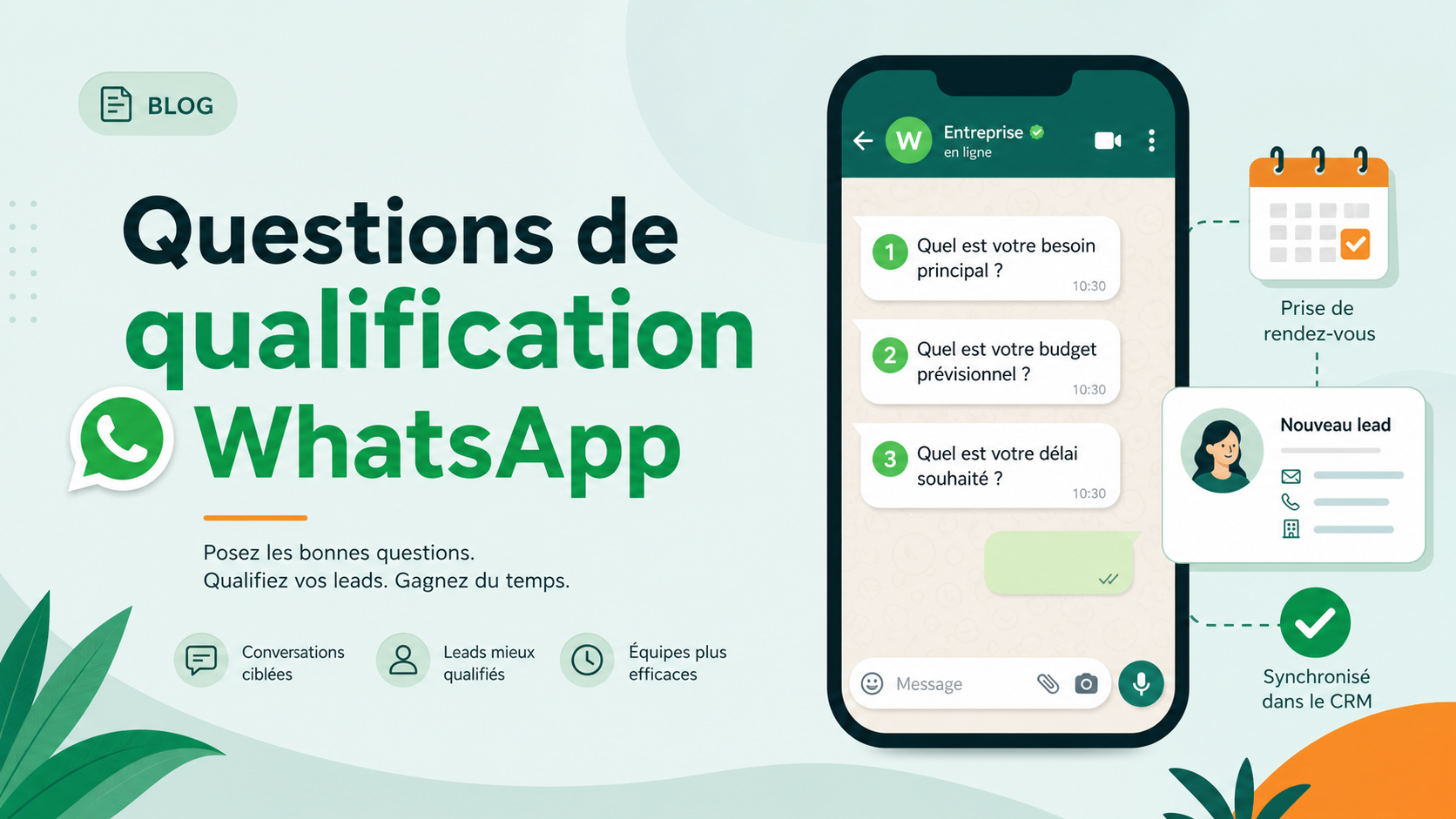 Illustration SaaS de questions de qualification WhatsApp avec conversation, lead score et rendez-vous