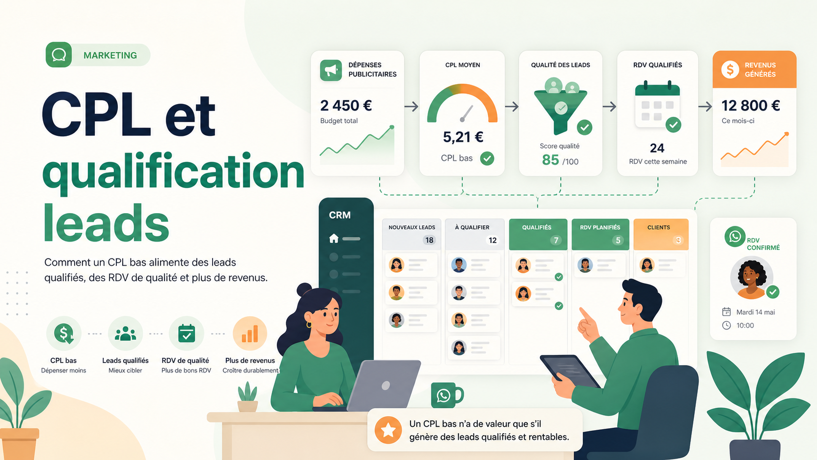 Illustration d'un dashboard CPL relie a la qualification des leads et aux rendez-vous commerciaux