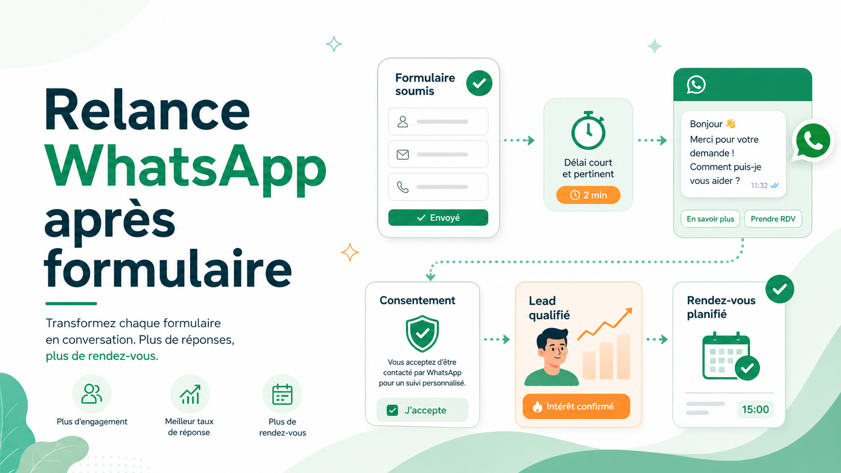 Illustration SaaS d’une relance WhatsApp après formulaire avec qualification et rendez-vous