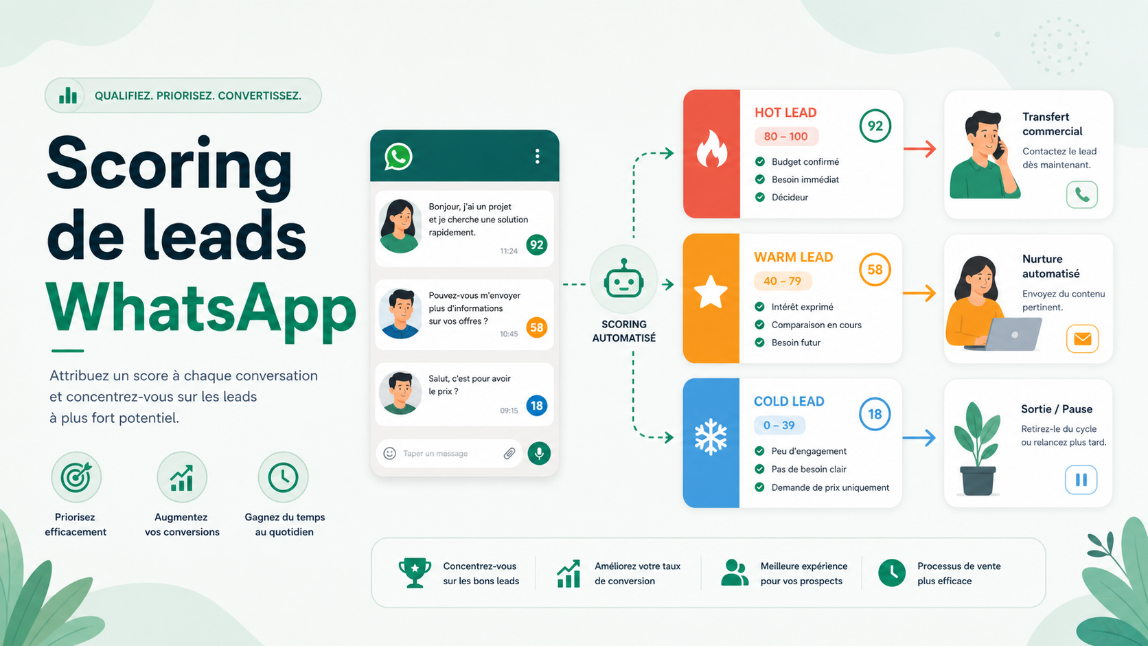 Illustration SaaS de scoring de leads WhatsApp avec statuts chaud, tiède et hors cible