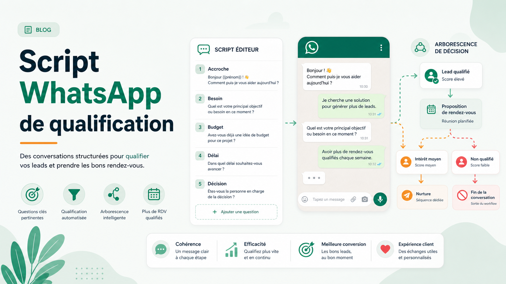 Illustration SaaS d’un script WhatsApp de qualification avec arbre de décision