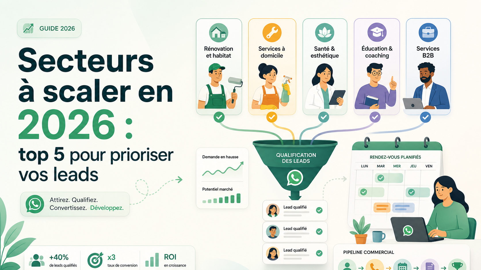 Illustration SaaS de cinq secteurs prioritaires relies a un funnel de qualification de leads