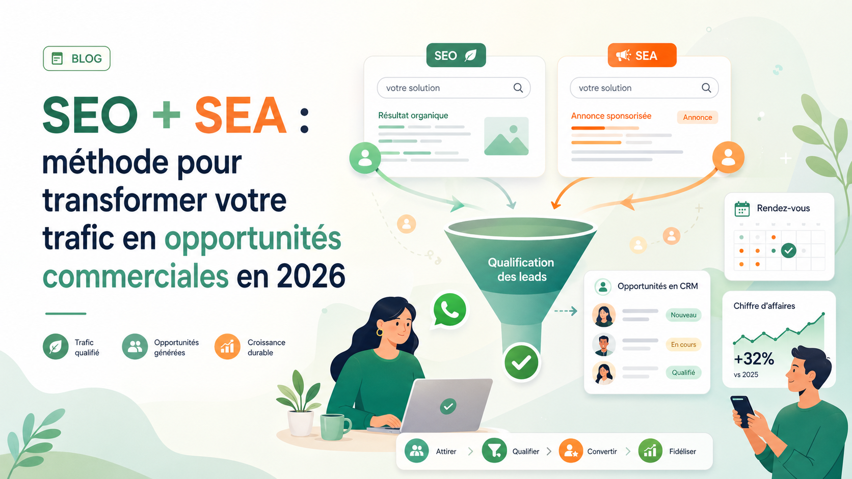 Illustration SaaS montrant le SEO et le SEA qui alimentent un funnel de qualification
