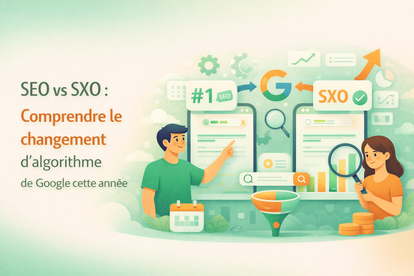 Illustration comparant SEO et SXO autour de l'utilité, de la page experience et de la conversion