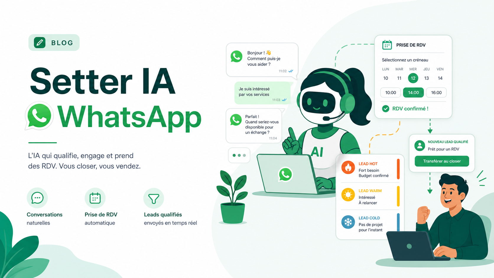 Illustration SaaS d’un setter IA WhatsApp qui qualifie des leads et propose un rendez-vous