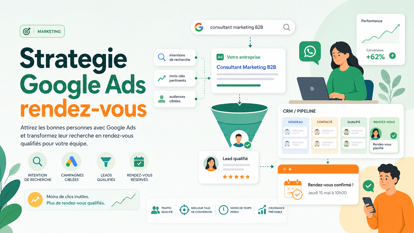 Illustration d'une stratégie Google Ads reliant une recherche intentionniste à un rendez-vous qualifié dans un CRM
