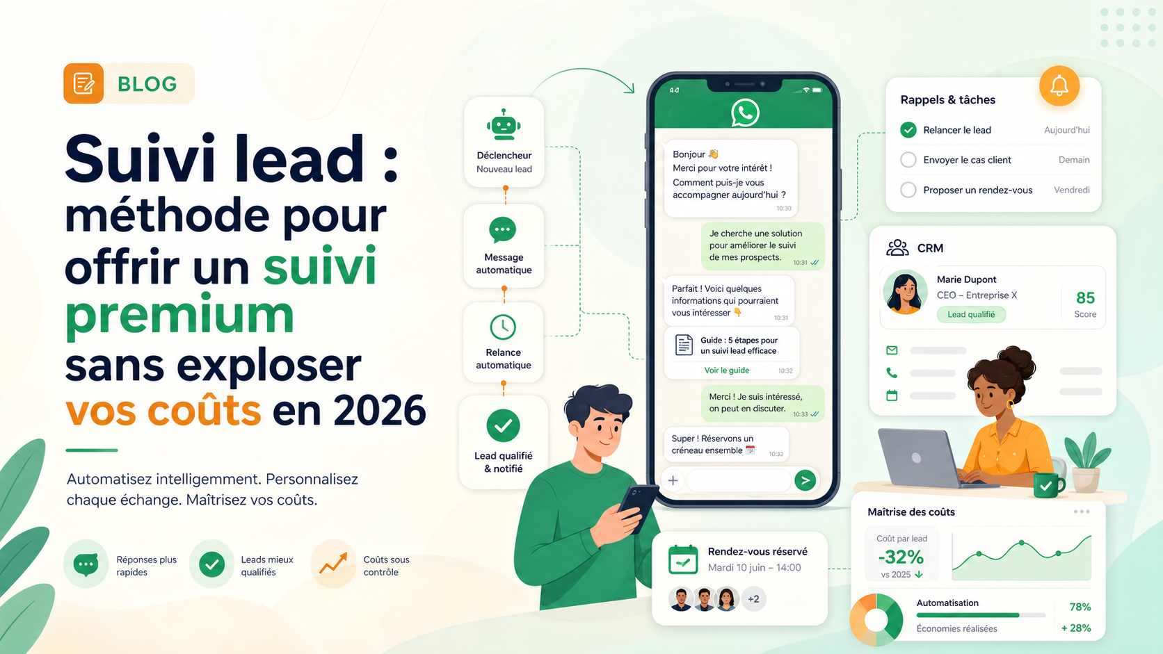 Illustration SaaS d'un suivi lead premium avec automatisation, WhatsApp, CRM et rendez-vous