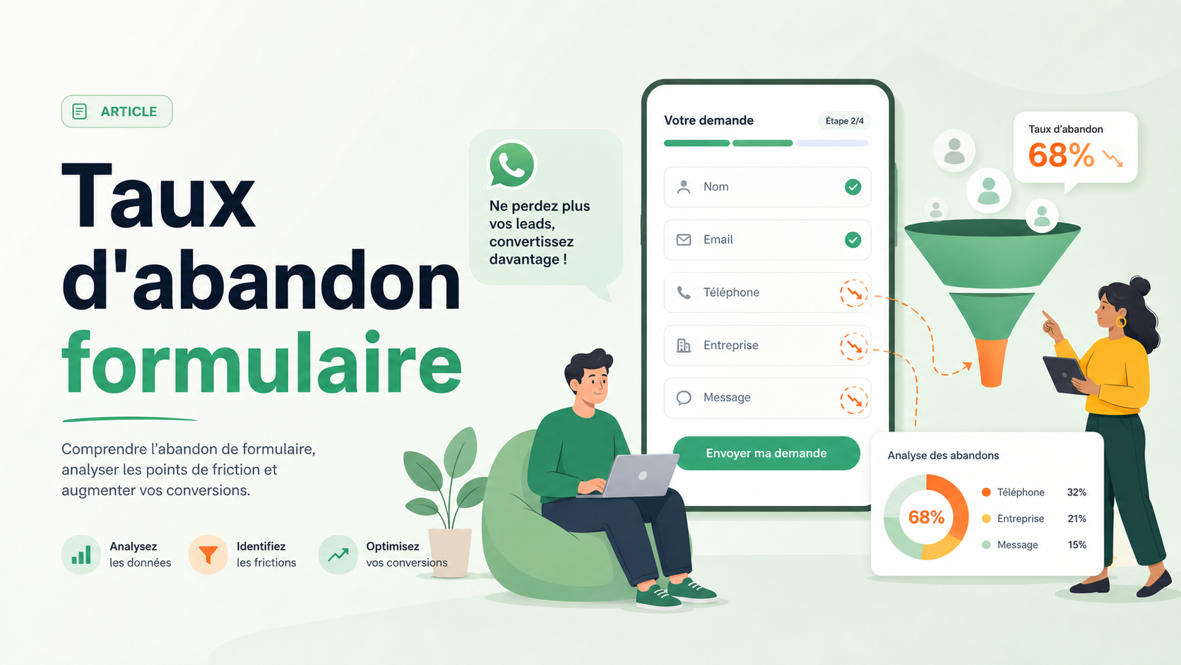 Illustration SaaS d'un formulaire de lead generation avec abandon, champs de saisie et tableau de bord de conversion